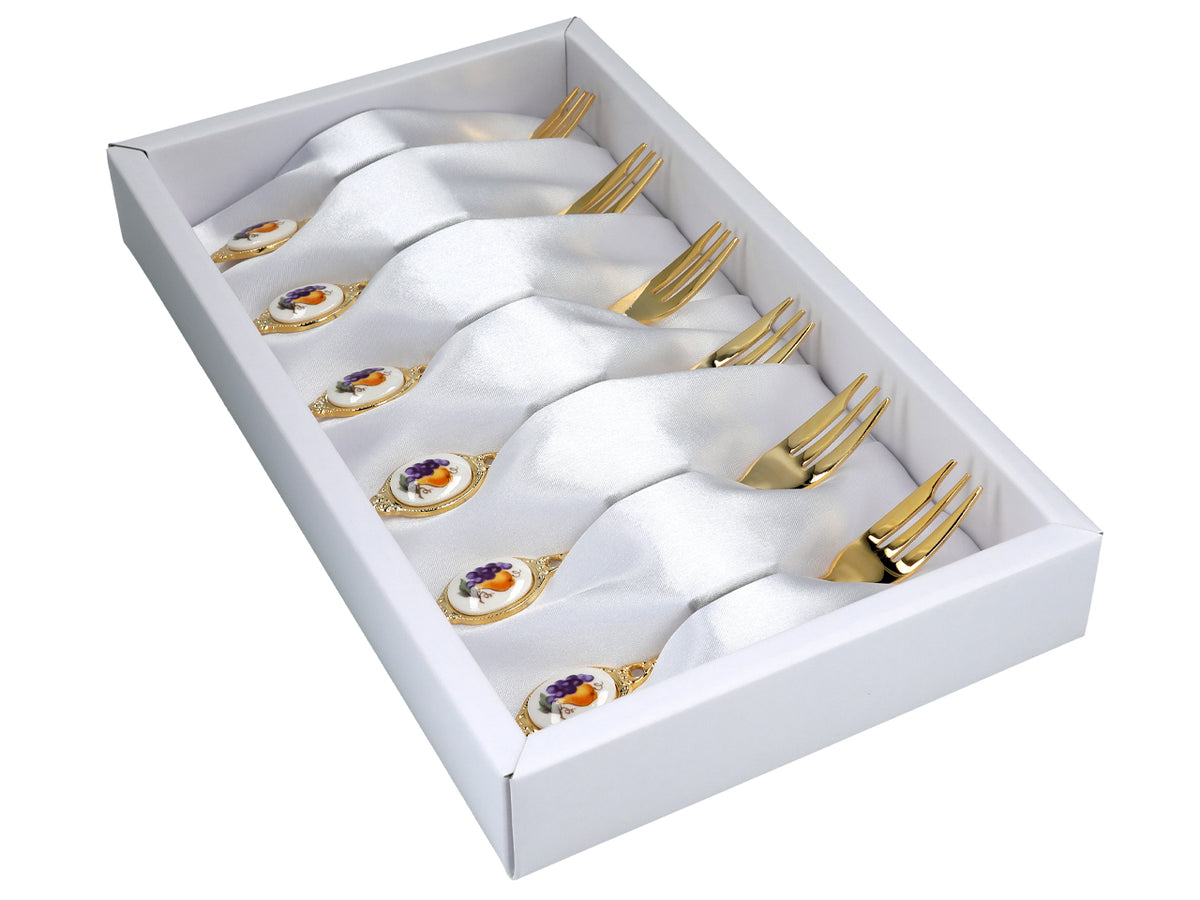 Set of 6 forks, 24K gold-plated forks, fruit motif