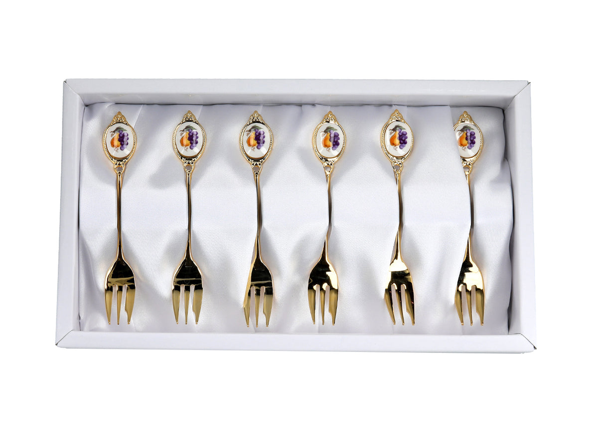 Set of 6 forks, 24K gold-plated forks, fruit motif