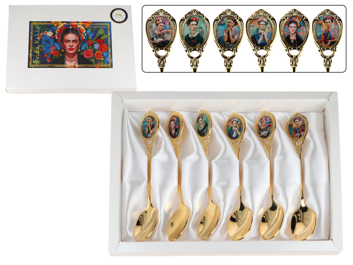 Set of 6 24K Gold-Plated F. Kahlo Spoons, Customizable with Engraving - Elegant Gift Cutlery, 13 cm, CARMANI