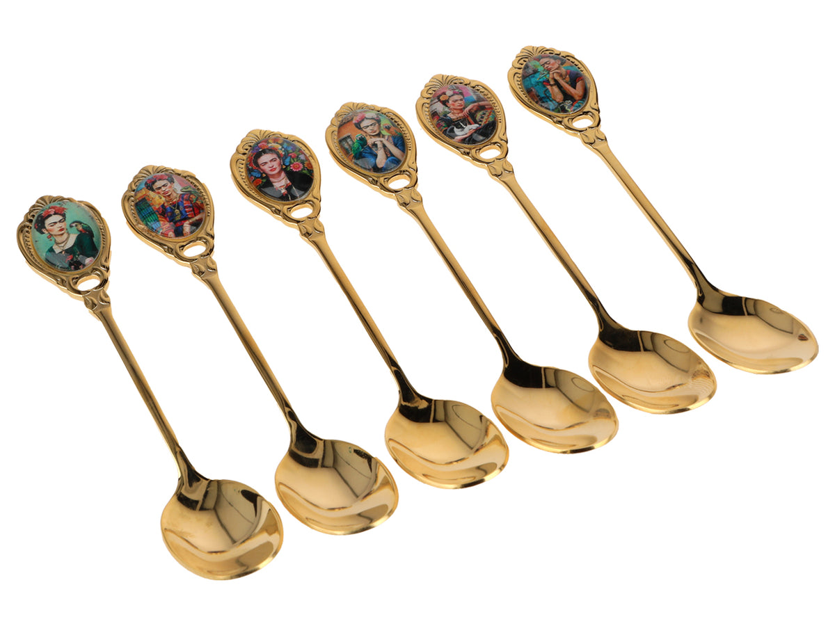 Set of 6 24K Gold-Plated F. Kahlo Spoons, Customizable with Engraving - Elegant Gift Cutlery, 13 cm, CARMANI