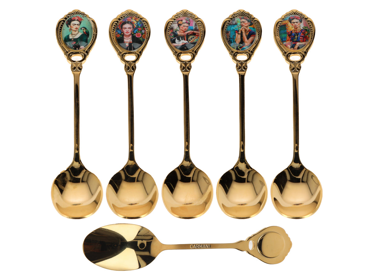 Set of 6 24K Gold-Plated F. Kahlo Spoons, Customizable with Engraving - Elegant Gift Cutlery, 13 cm, CARMANI