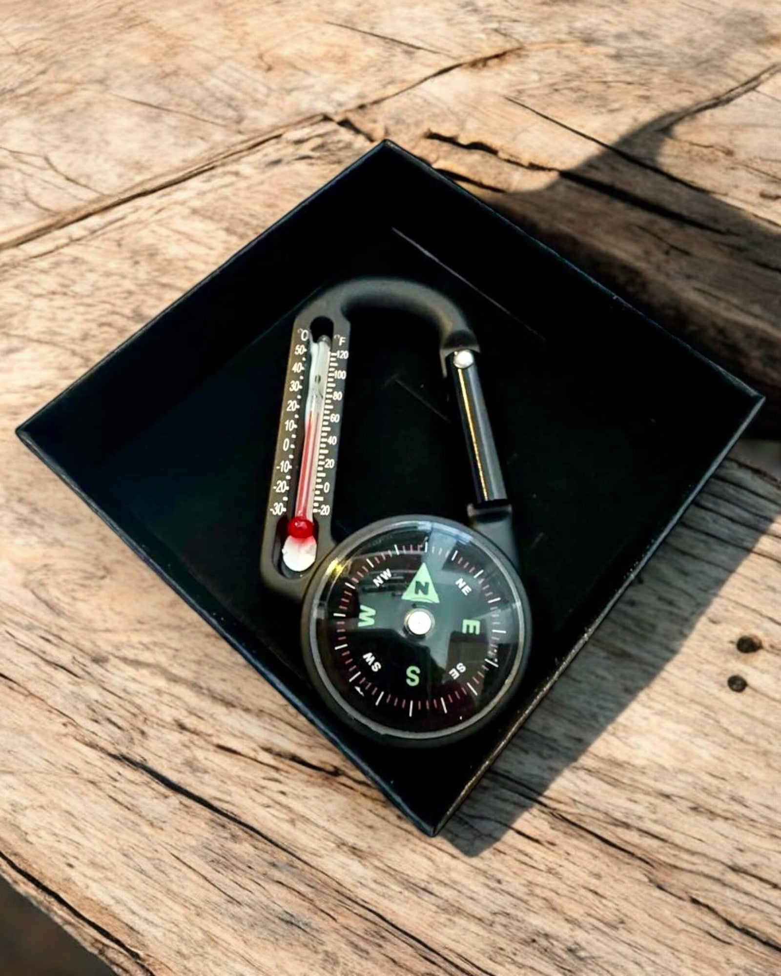 Carabiner compass with thermometer, keychain - engraving option