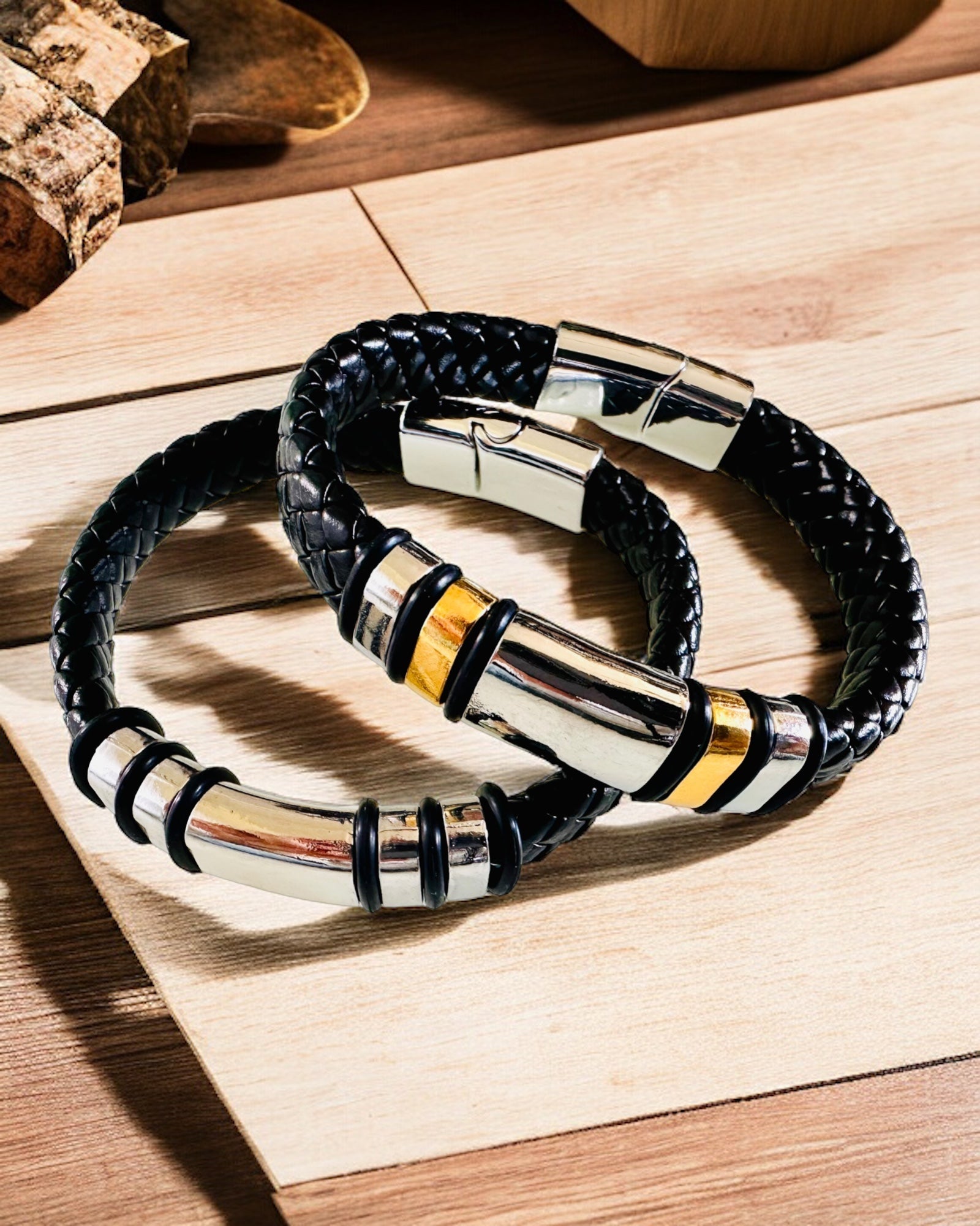 Fashionable Hip Hop Bracelet for Men with Custom Engraving and Magnetic Clasp – Choose Style with Silver or Gold Accents, 22cm PU Leather