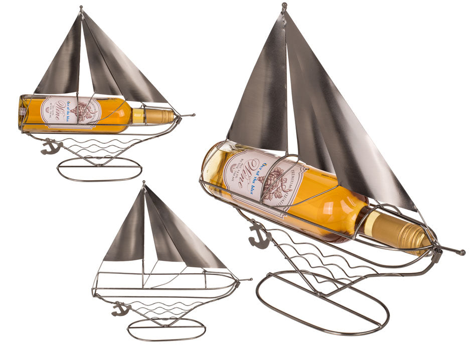 Metal Sailboat-Shaped Bottle Holder with Engraving Personalization Option, 33 cm, Perfect Gift for Lovers of Nautical Themes