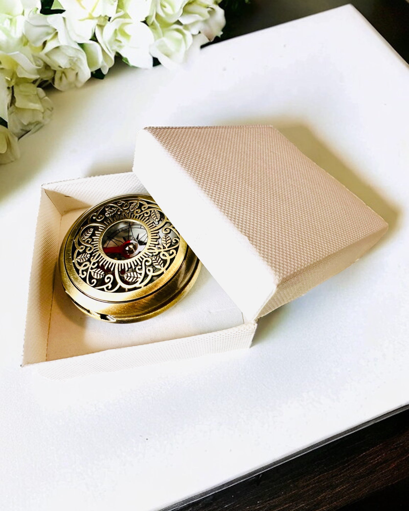 Vintage Style Navigation Compass with Openwork Pattern – Brown-Gold Color