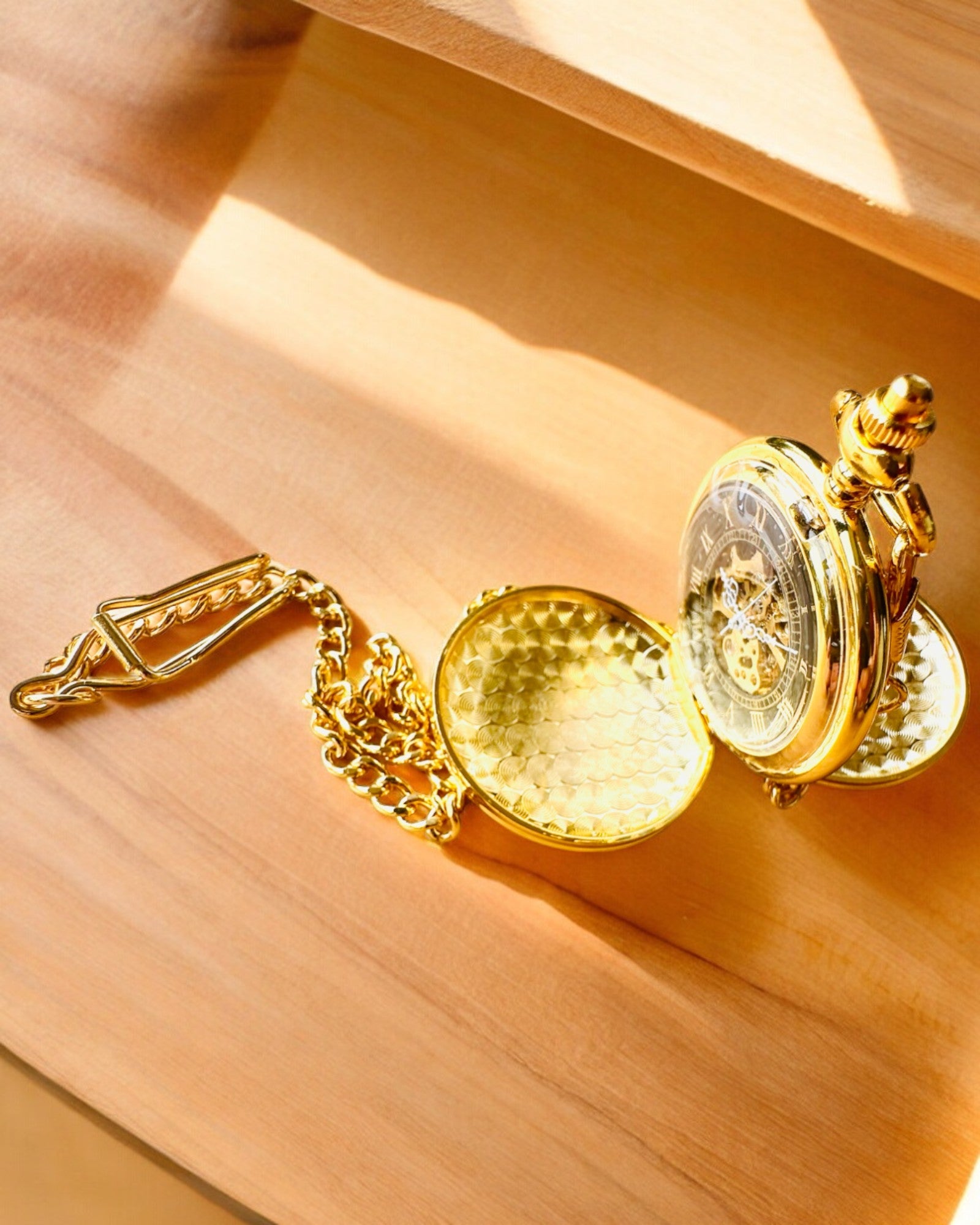 Grand Elegance Pocket Watch with Double Cover, Manual, Gold Color, with Engraving for Gift