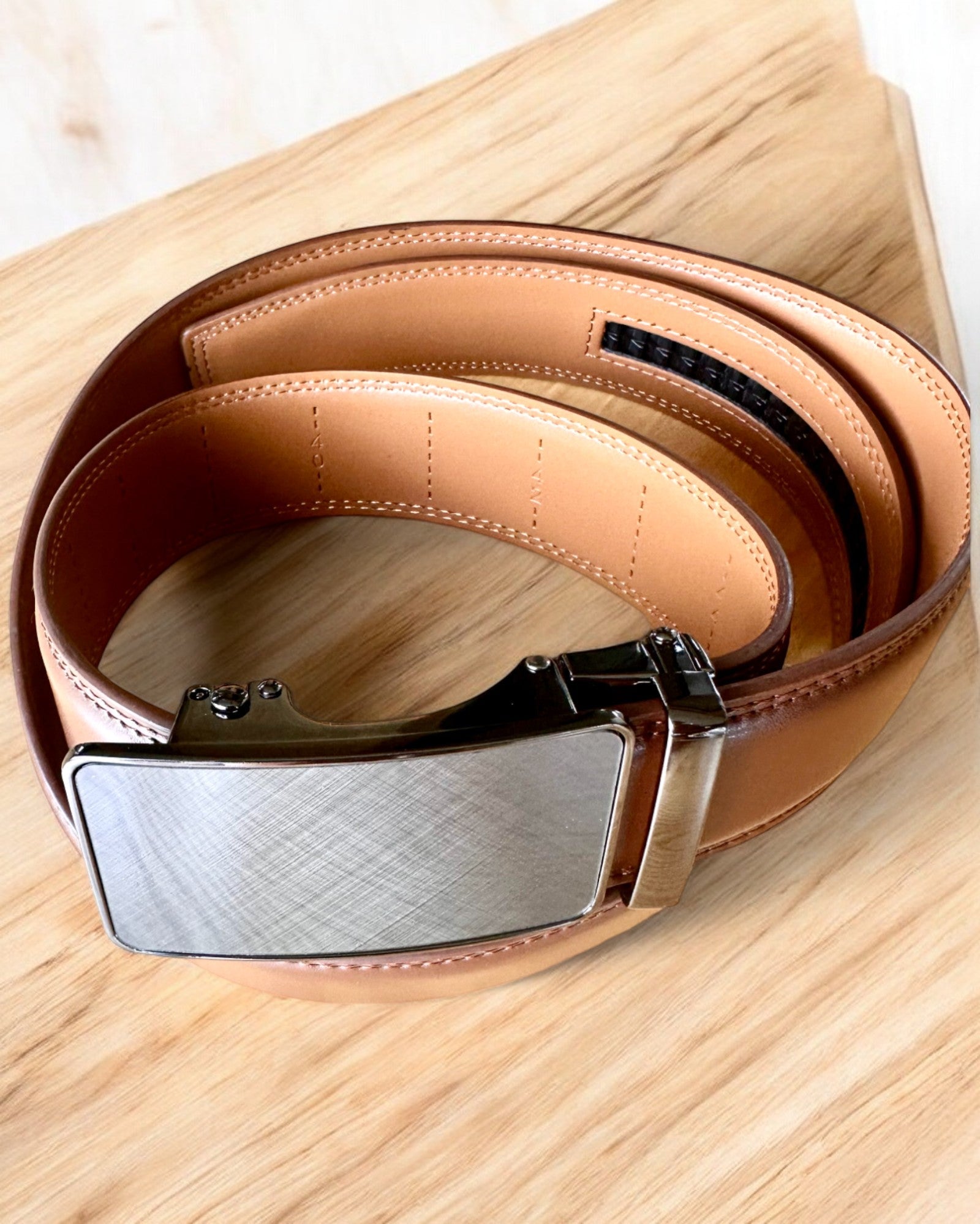 Men's Brown Belt with Automatic Buckle, personalization with engraving available for gift