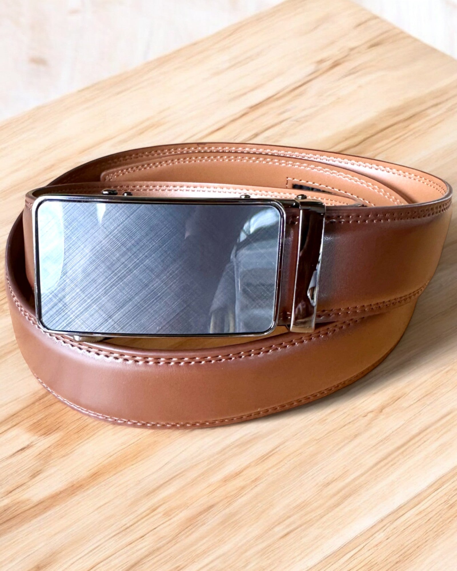 Men's Brown Belt with Automatic Buckle, personalization with engraving available for gift