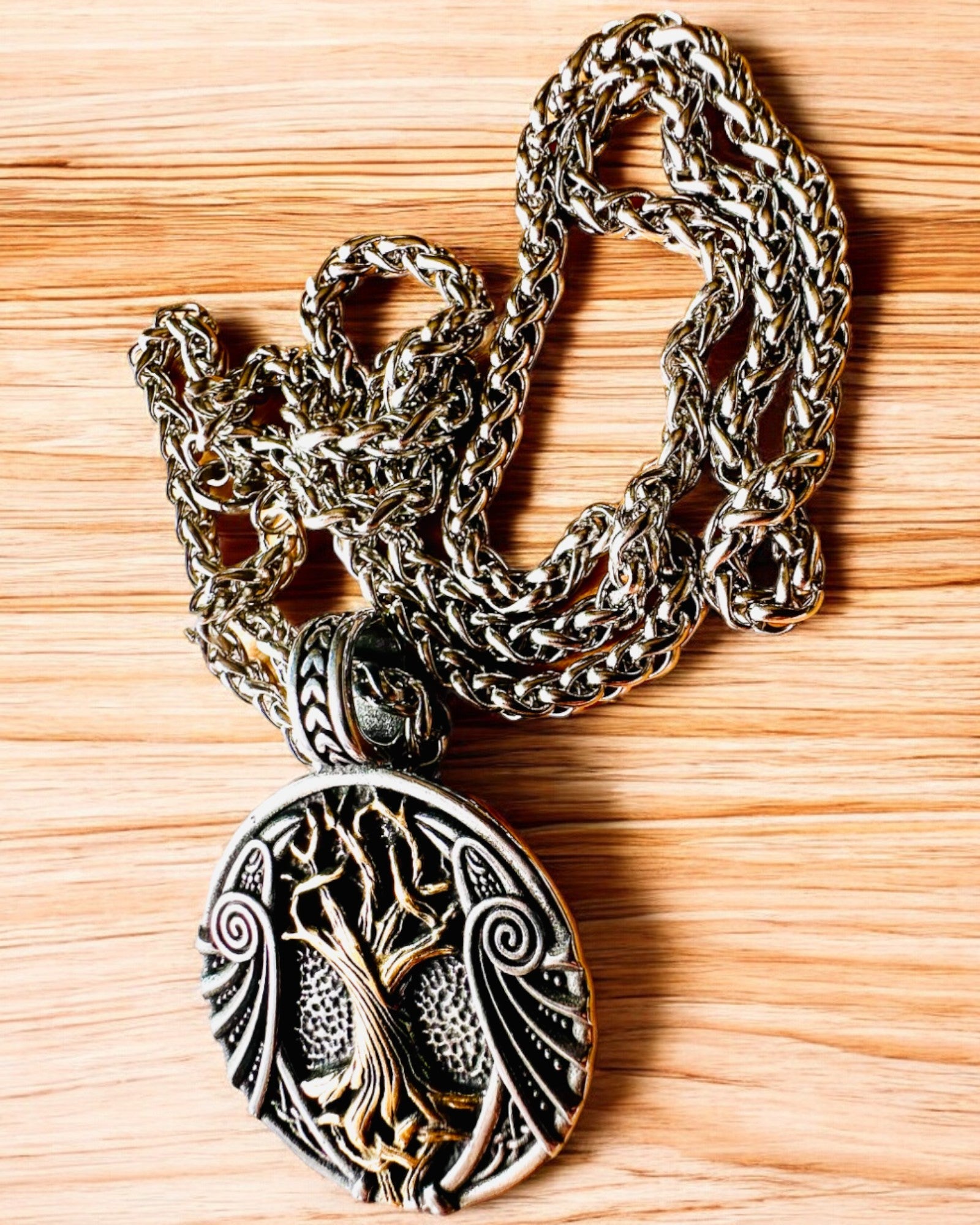 Stainless Steel "Tree of Life" Necklace with Personalization, featuring the Aegishjalmur Symbol (Helm of Awe)