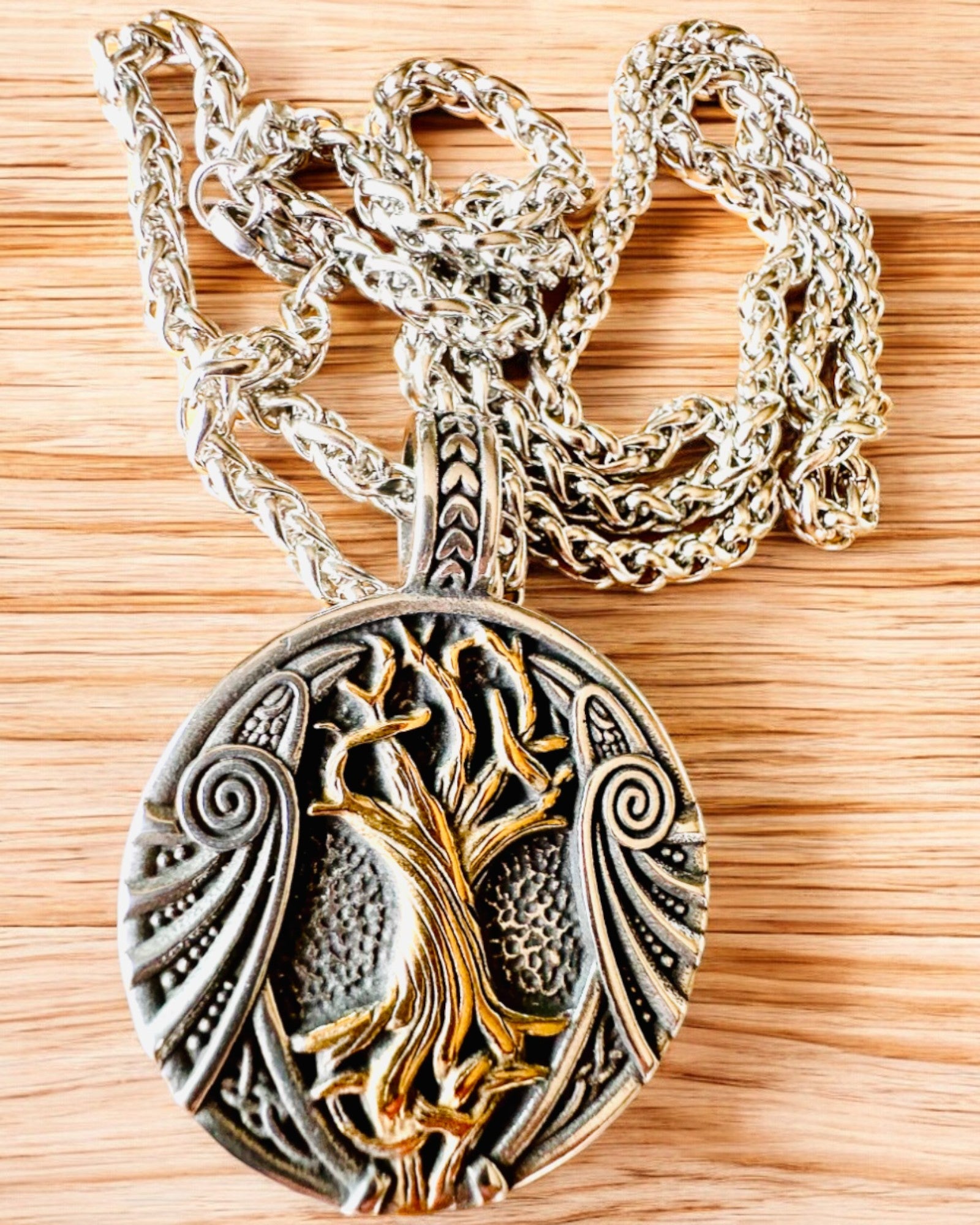Stainless Steel "Tree of Life" Necklace with Personalization, featuring the Aegishjalmur Symbol (Helm of Awe)