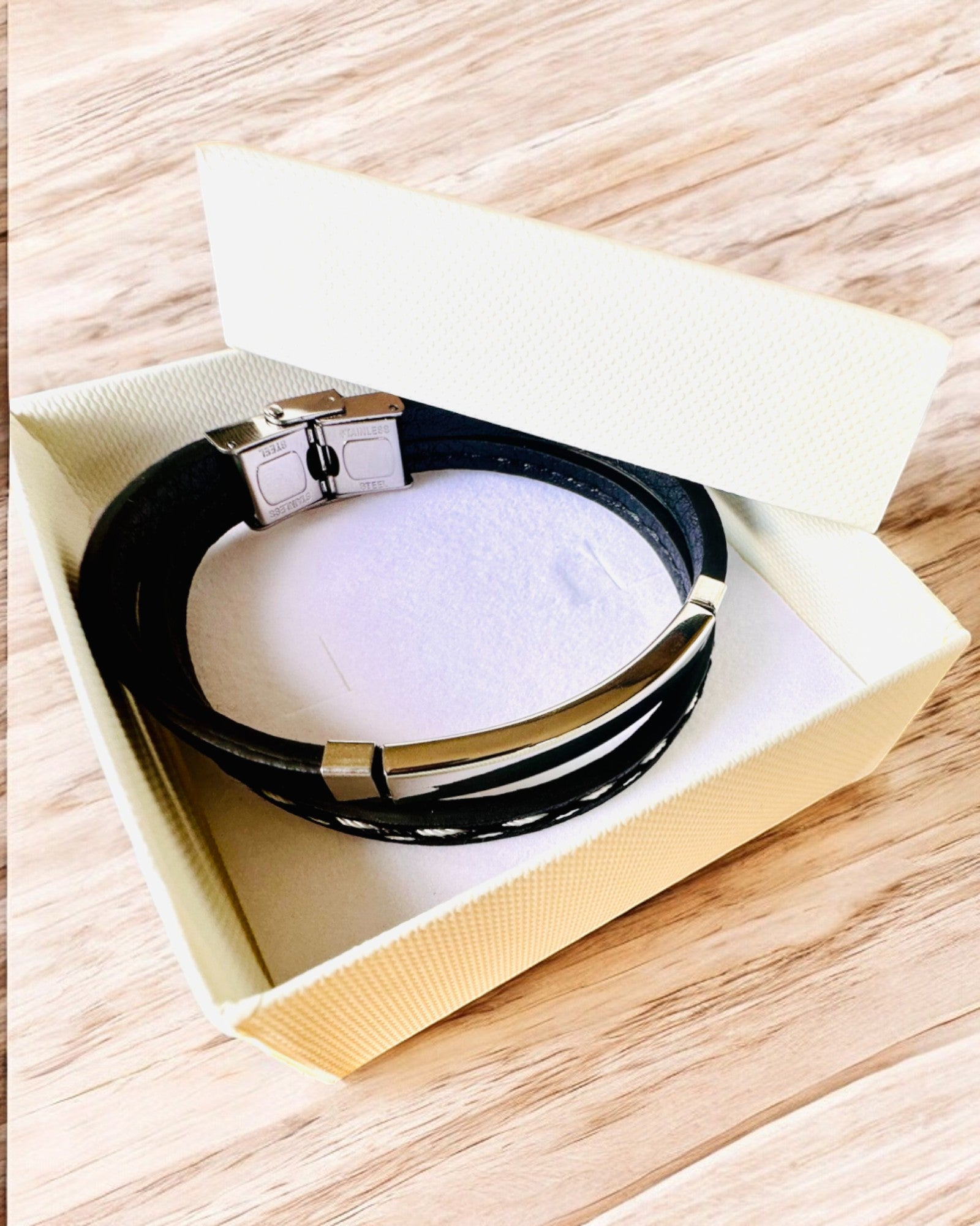 PU Leather and Stainless Steel Sports Bracelet with Engraving Option – 3 Colors