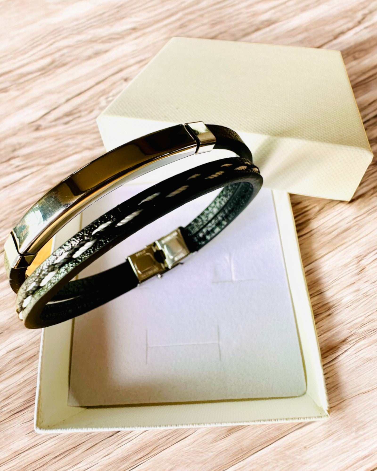 PU Leather and Stainless Steel Sports Bracelet with Engraving Option – 3 Colors