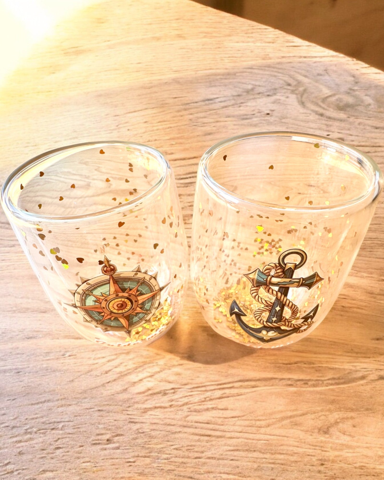 "Nautical Dreams" double-walled glasses with gold flakes - set of 2 pieces, 300 ml capacity, customizable with engraving