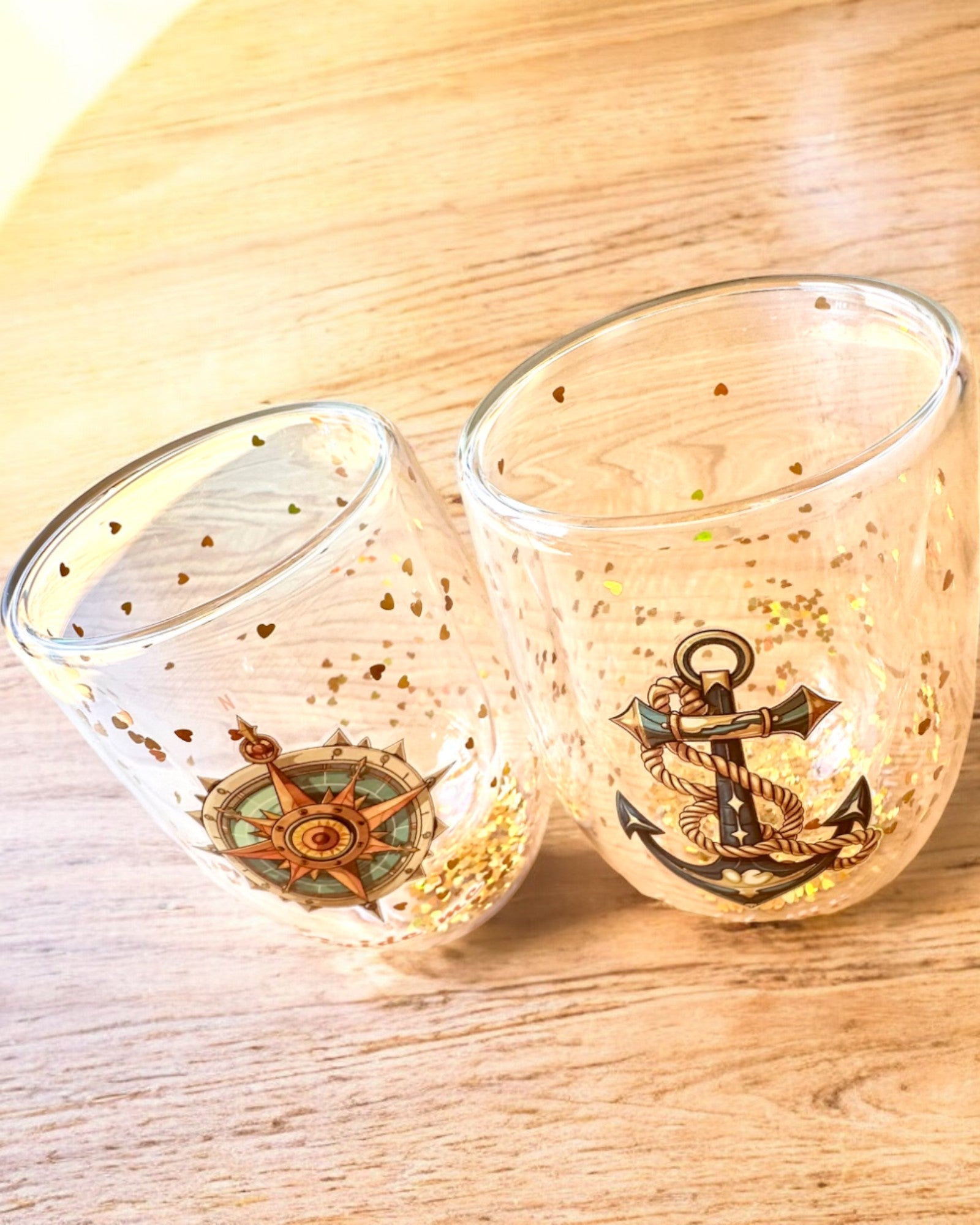 "Nautical Dreams" double-walled glasses with gold flakes - set of 2 pieces, 300 ml capacity, customizable with engraving