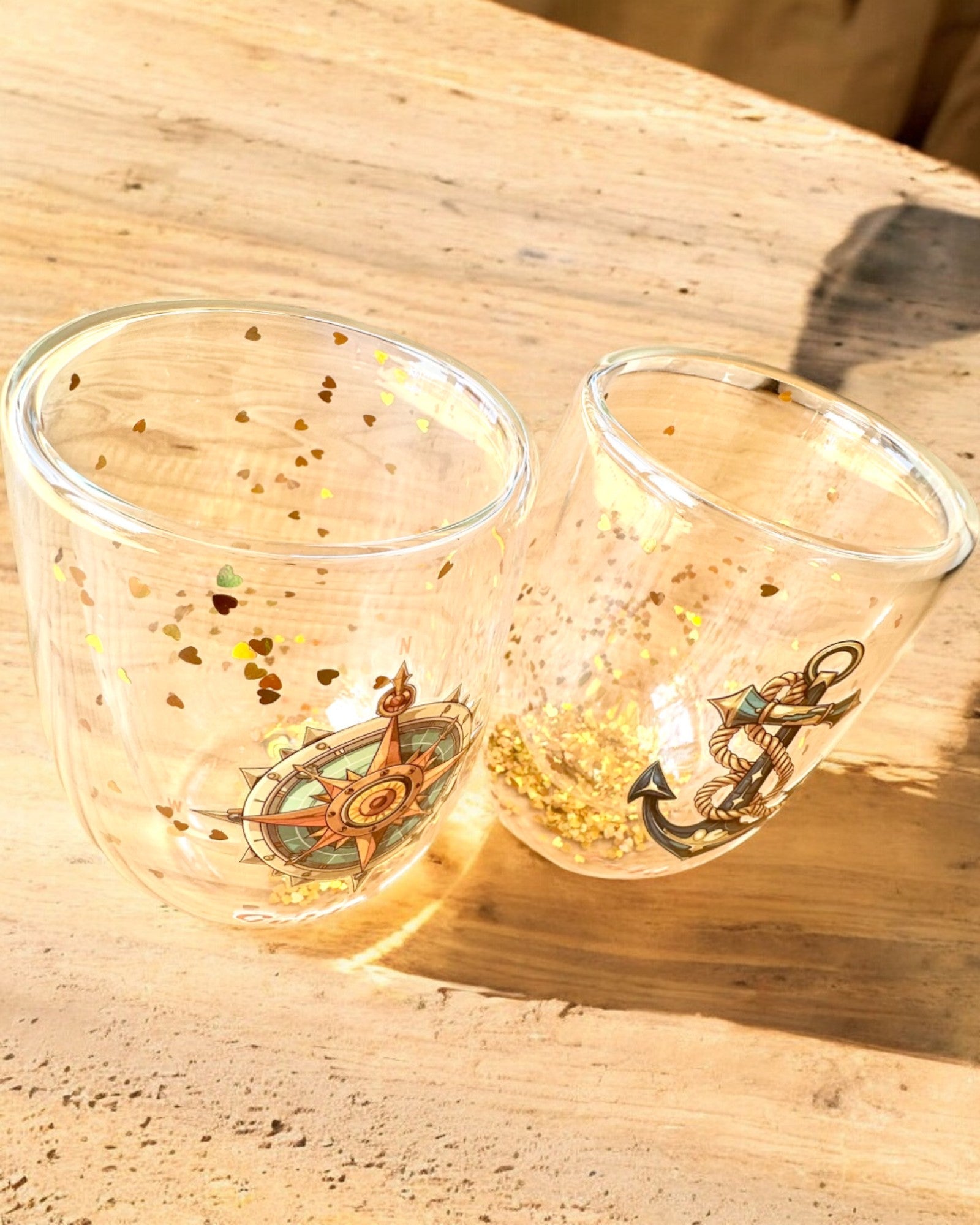"Nautical Dreams" double-walled glasses with gold flakes - set of 2 pieces, 300 ml capacity, customizable with engraving