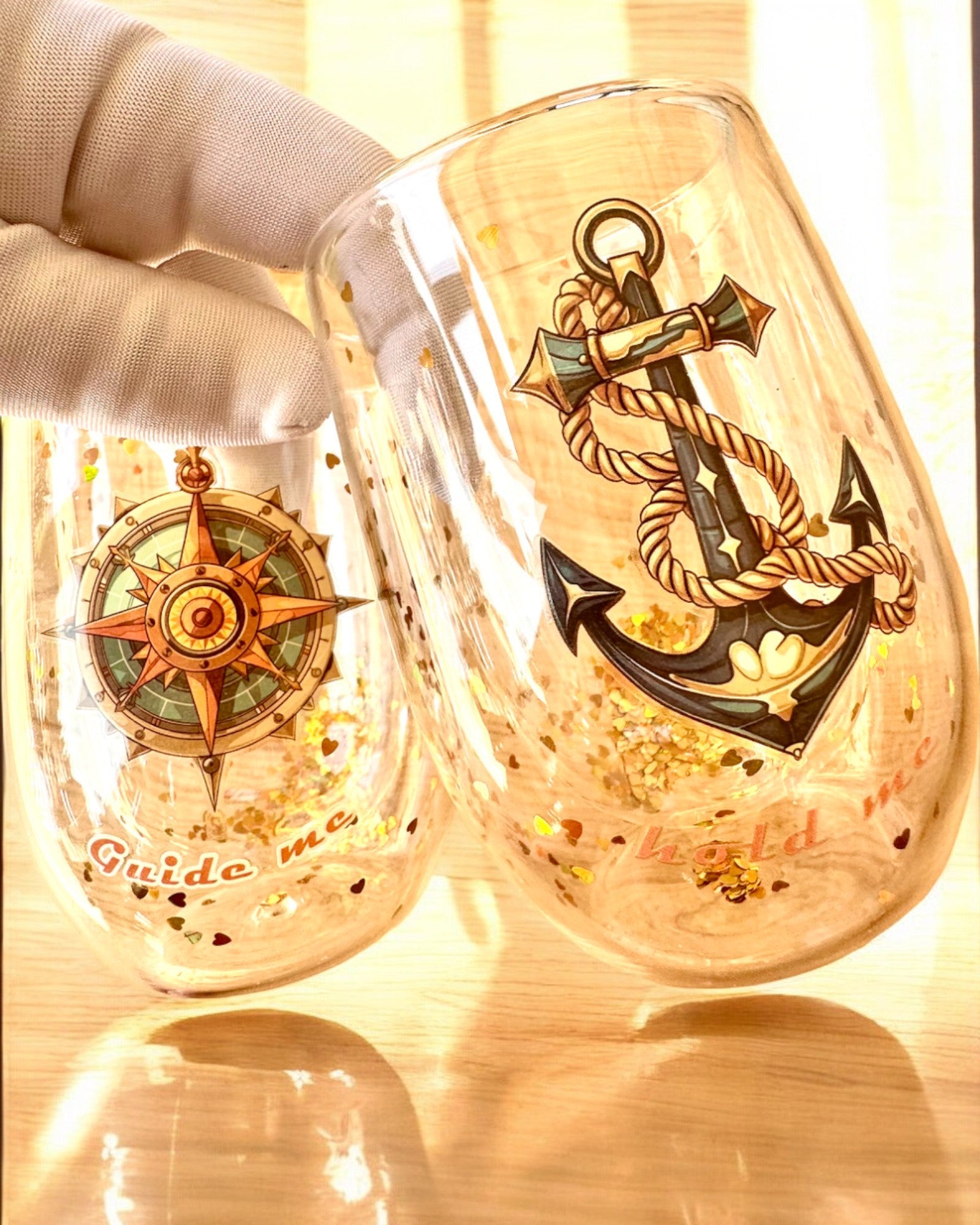"Nautical Dreams" double-walled glasses with gold flakes - set of 2 pieces, 300 ml capacity, customizable with engraving