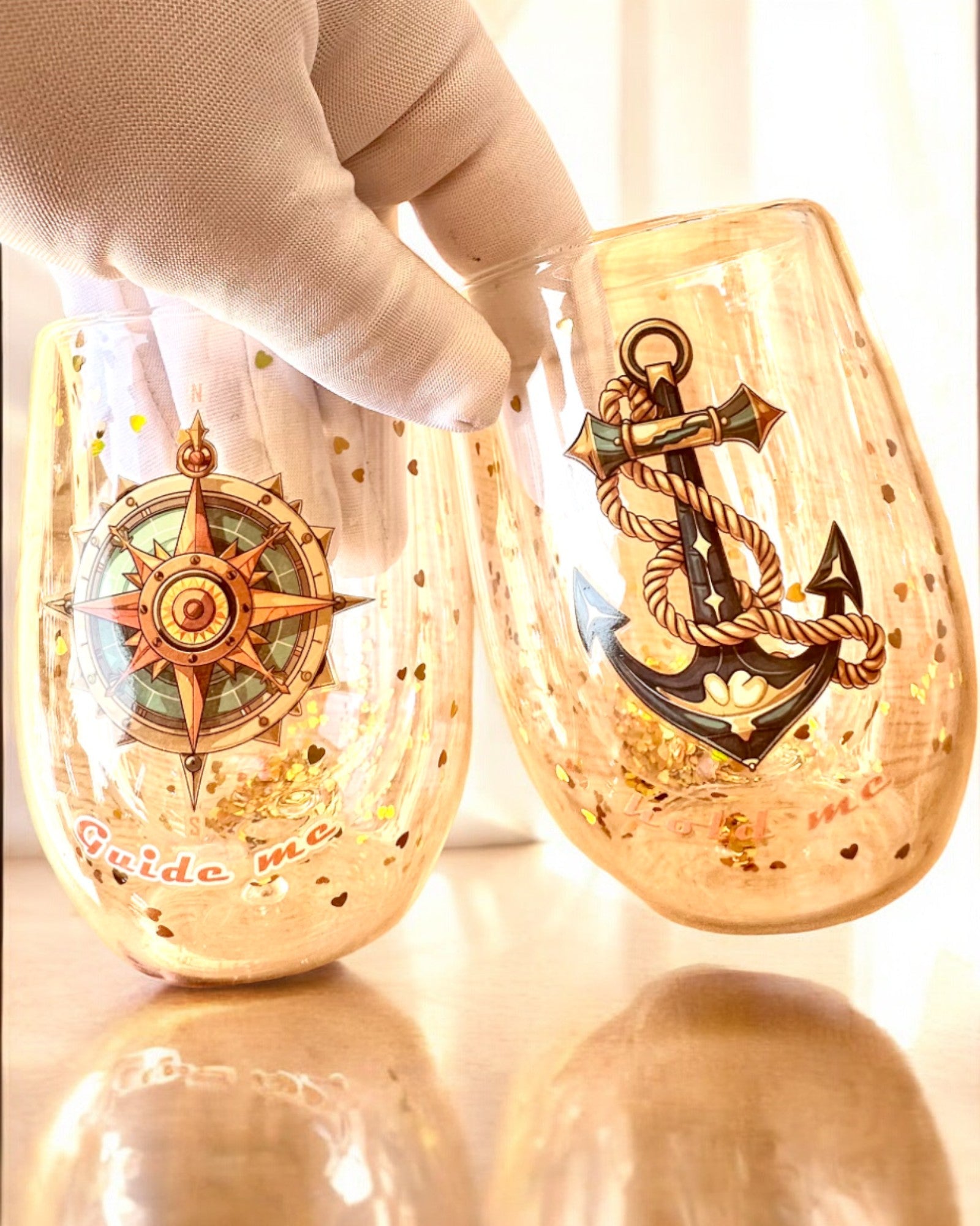 "Nautical Dreams" double-walled glasses with gold flakes - set of 2 pieces, 300 ml capacity, customizable with engraving
