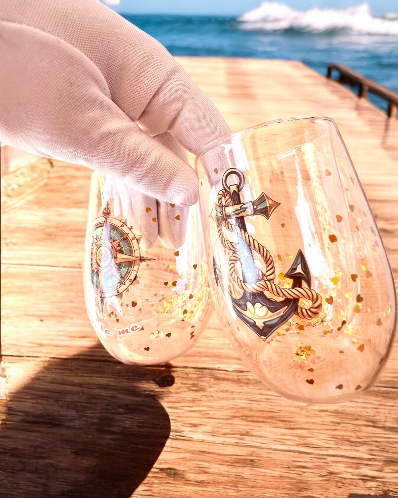 "Nautical Dreams" double-walled glasses with gold flakes - set of 2 pieces, 300 ml capacity, customizable with engraving