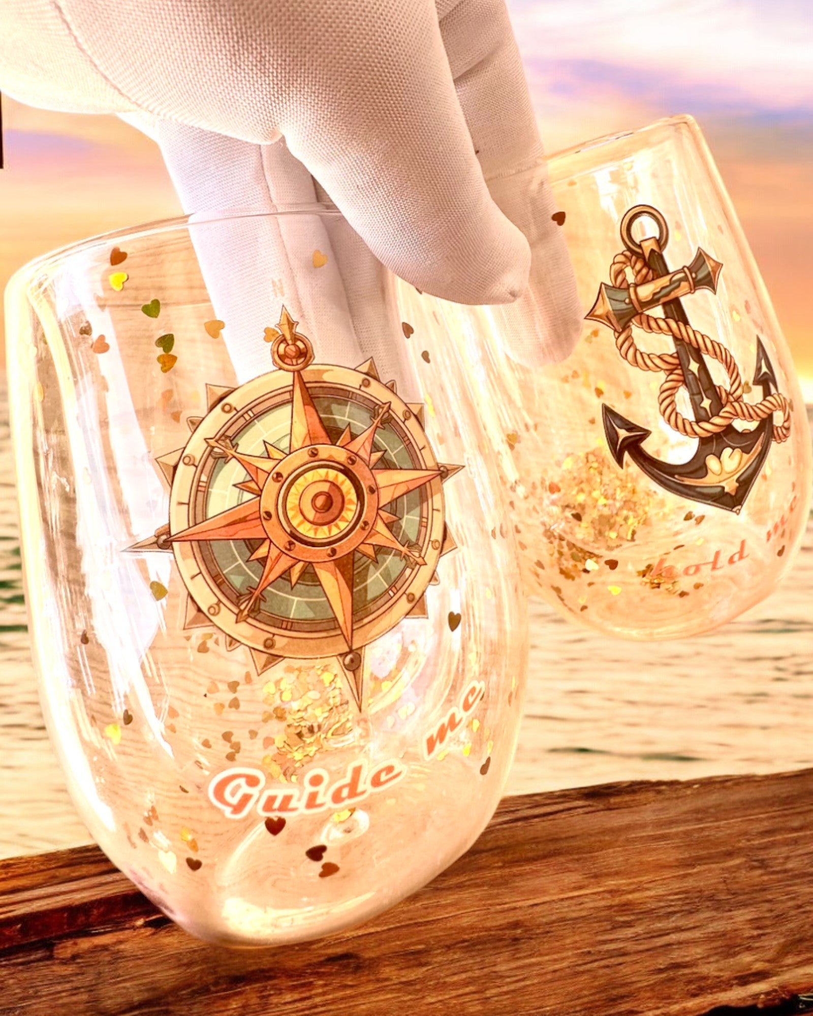 "Nautical Dreams" double-walled glasses with gold flakes - set of 2 pieces, 300 ml capacity, customizable with engraving