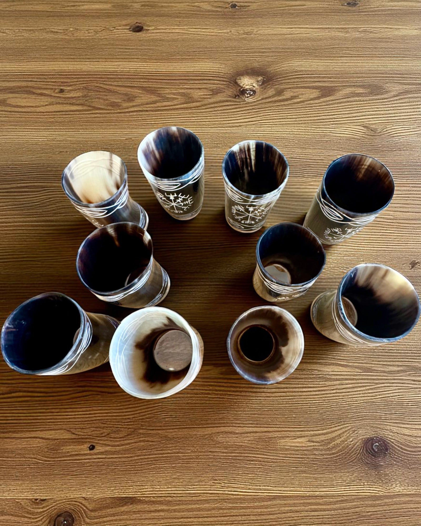 Valknut Handcrafted small buffalo horn cup with Nordic symbols, customizable as a gift with engraving