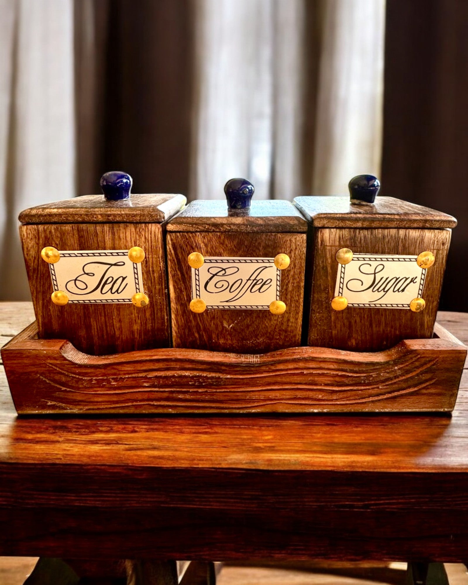 Royal Trio Set – Tea, Coffee, Sugar made of Shisham wood, handmade, with engraving option for a gift
