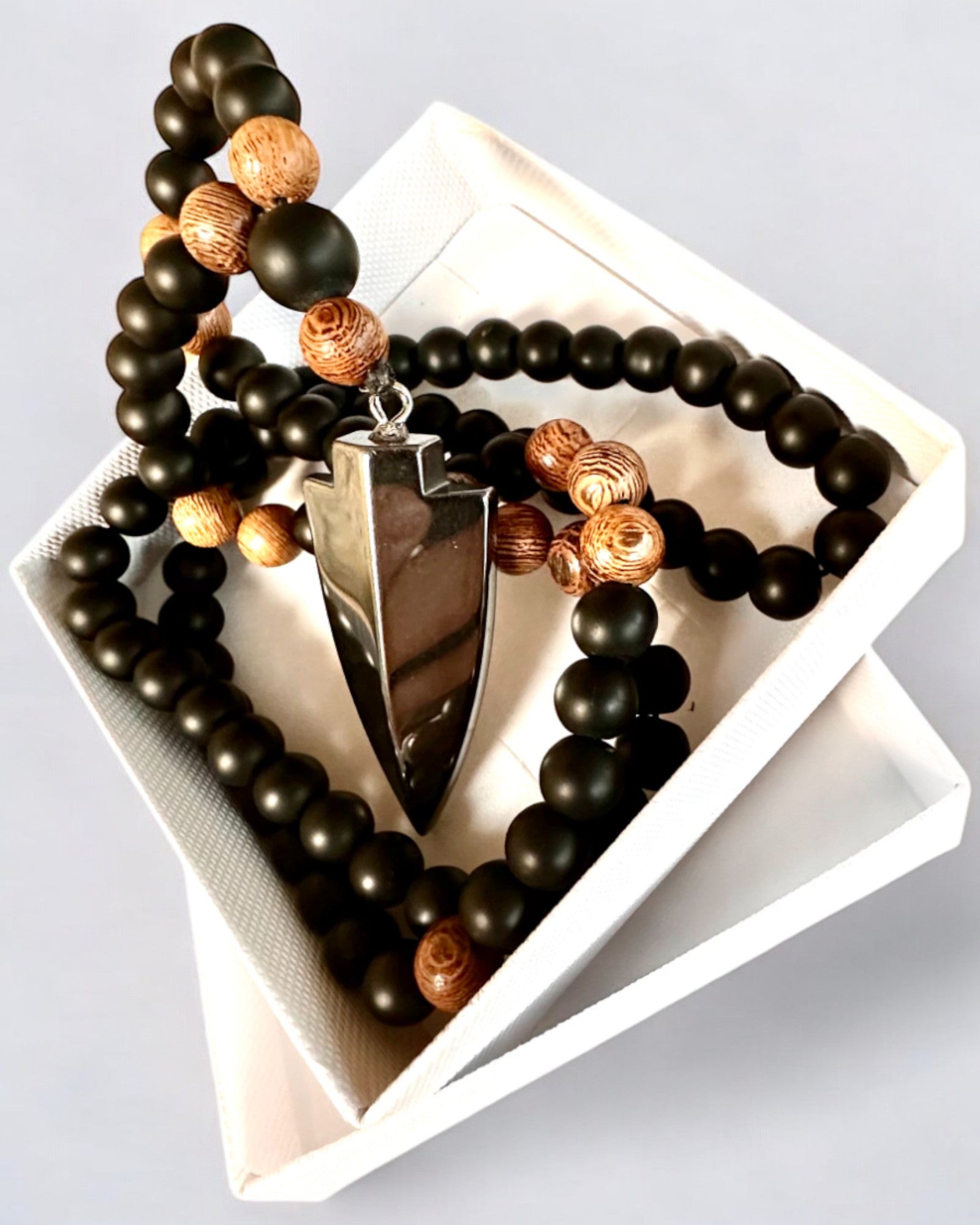 Arrow of Power, Necklace with Black Obsidian and Wooden Beads, personalization with engraving for a gift
