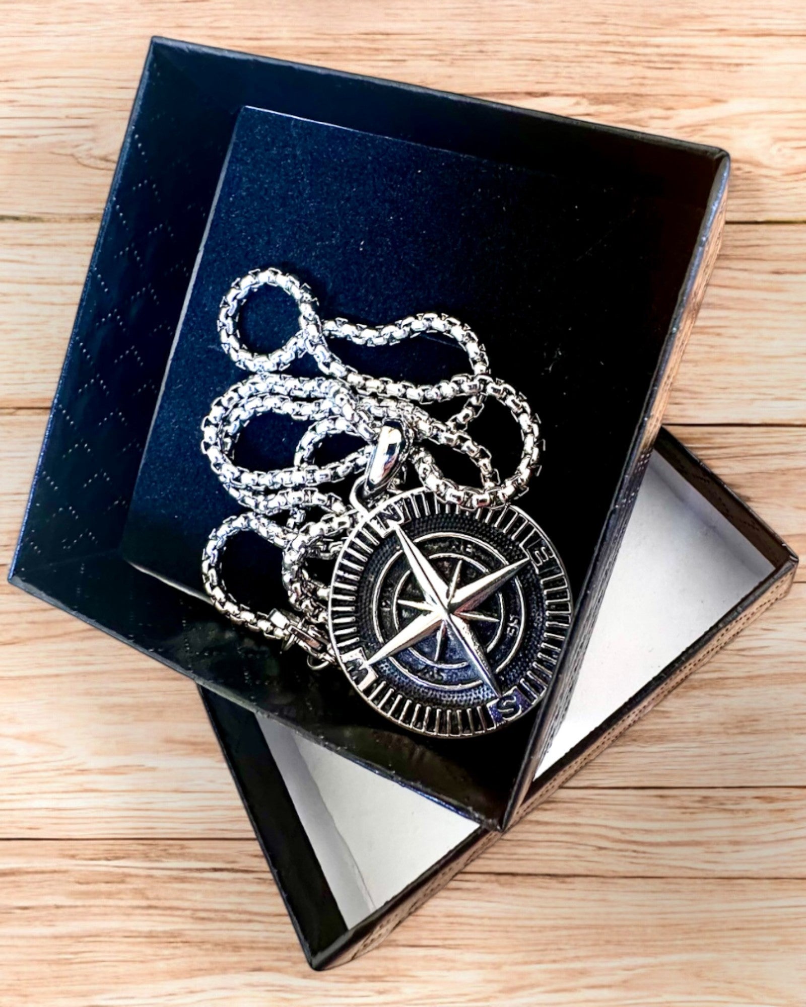 Stainless Steel Explorer's Compass Necklace, customizable with engraving for a gift