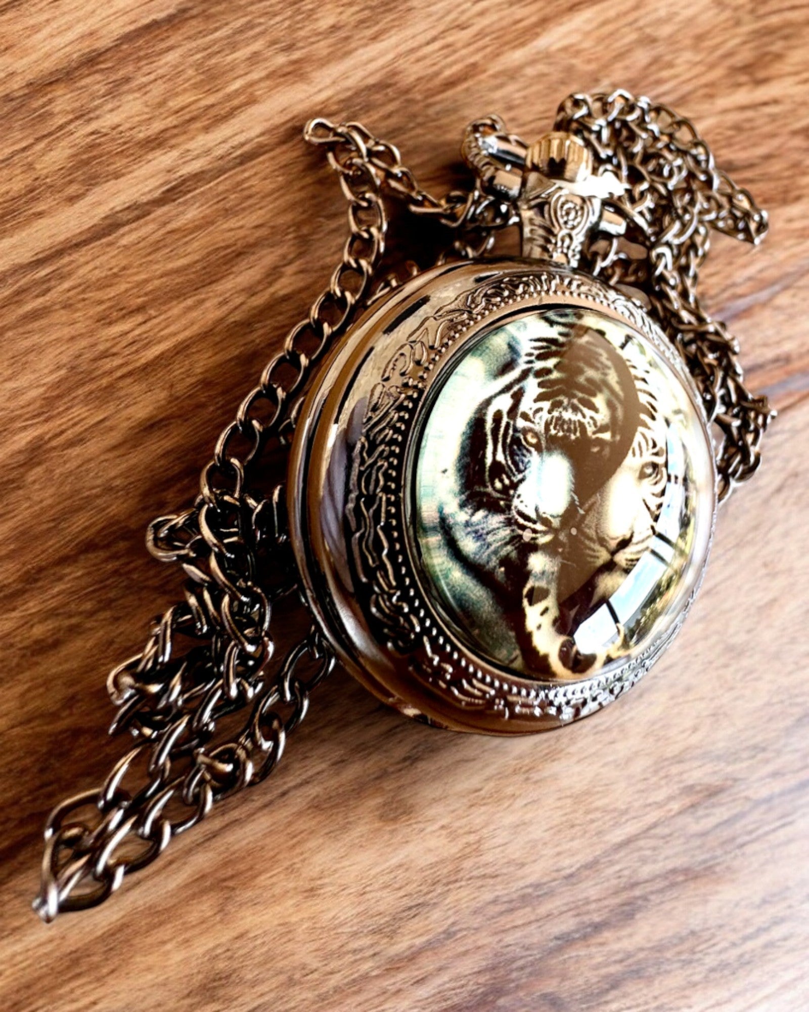 "Tiger Elegance" stainless steel pocket watch with engraving option for a gift