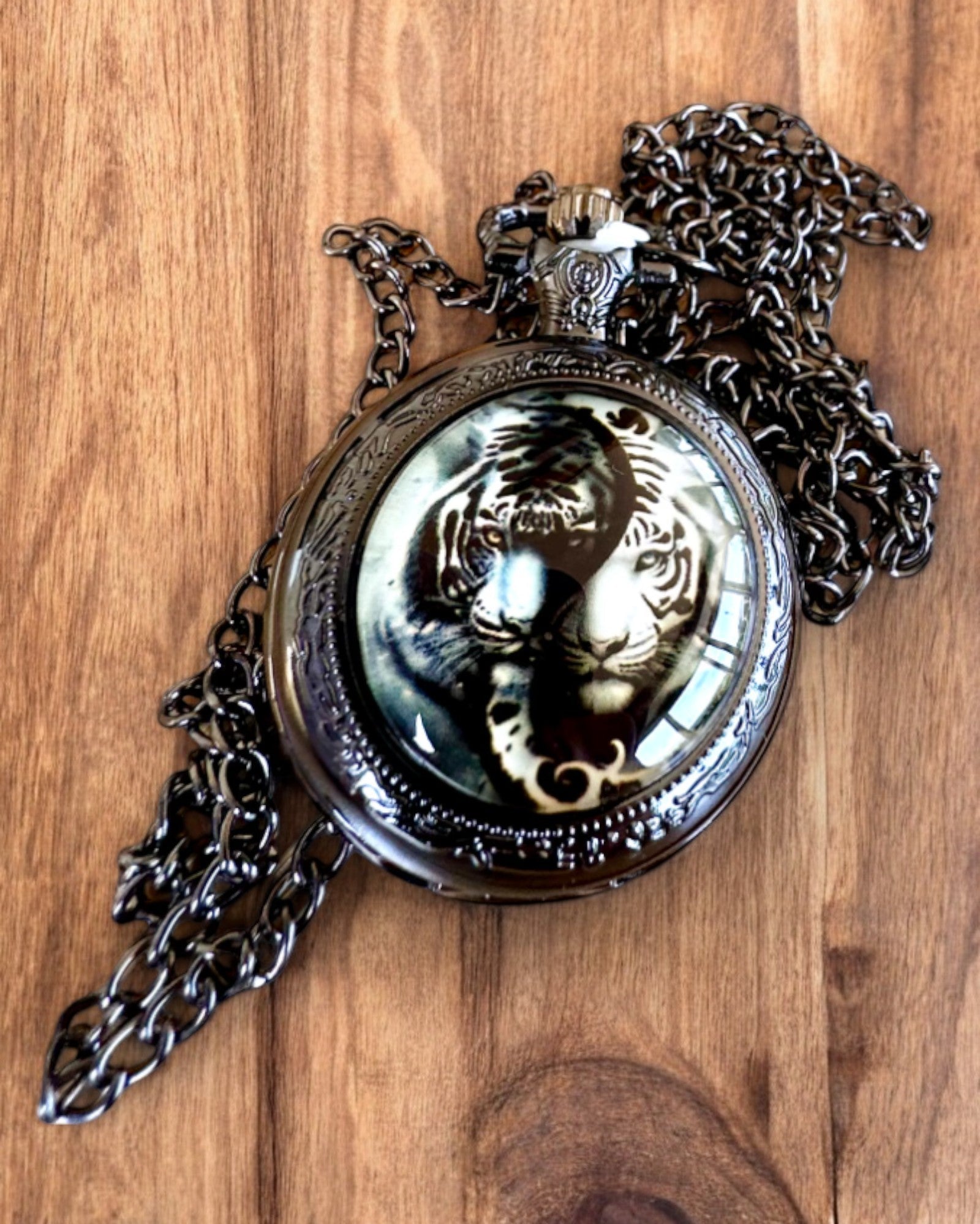 "Tiger Elegance" stainless steel pocket watch with engraving option for a gift