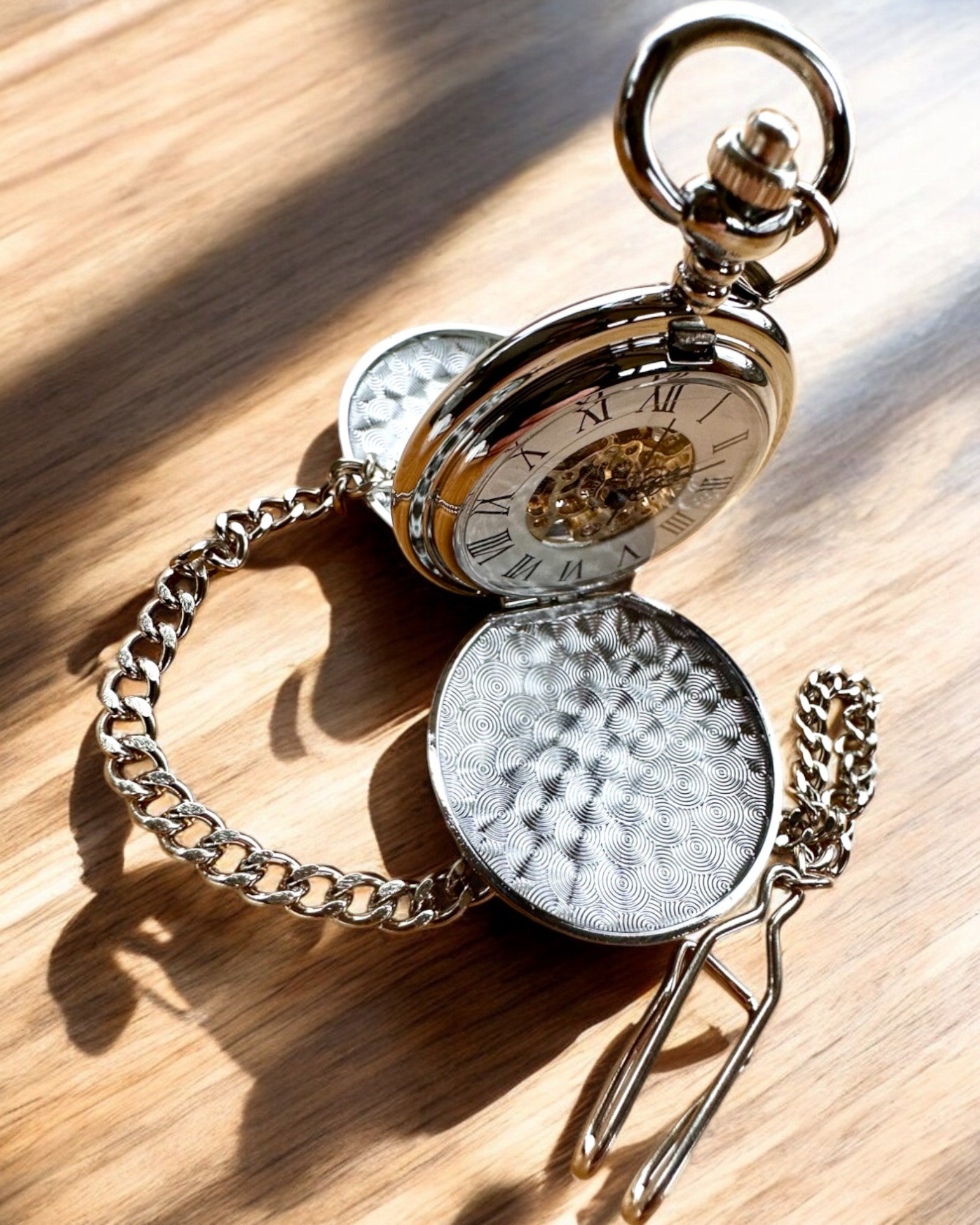 Classic Pocket Mechanical Watch with Double Cover, Manual, Silver Color