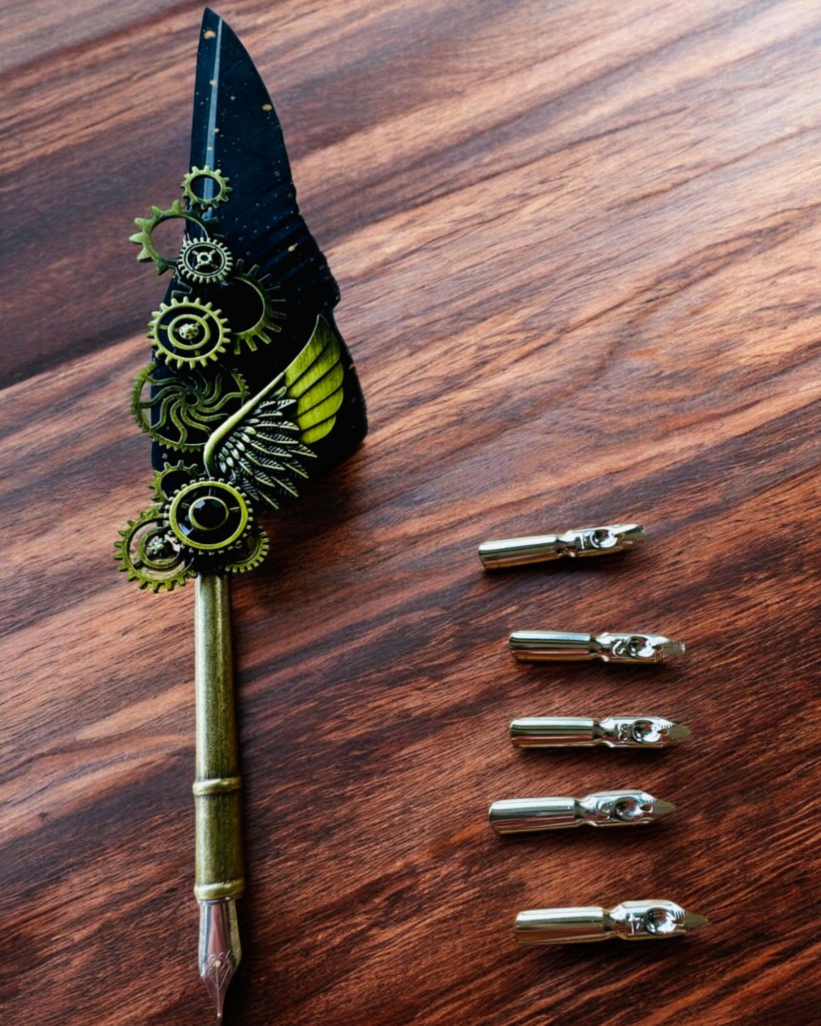 "Steampunk Elegance" Calligraphy Pen with Turkey Feather - Handcrafted, 5 Variants to Choose From, Custom Engraving for Gift