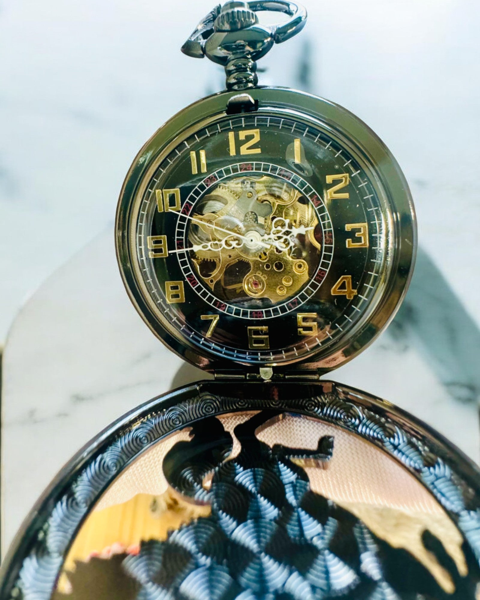 Pocket Watch "Equus Tempus" - Black with Horse Motif, customizable with engraving - black dial