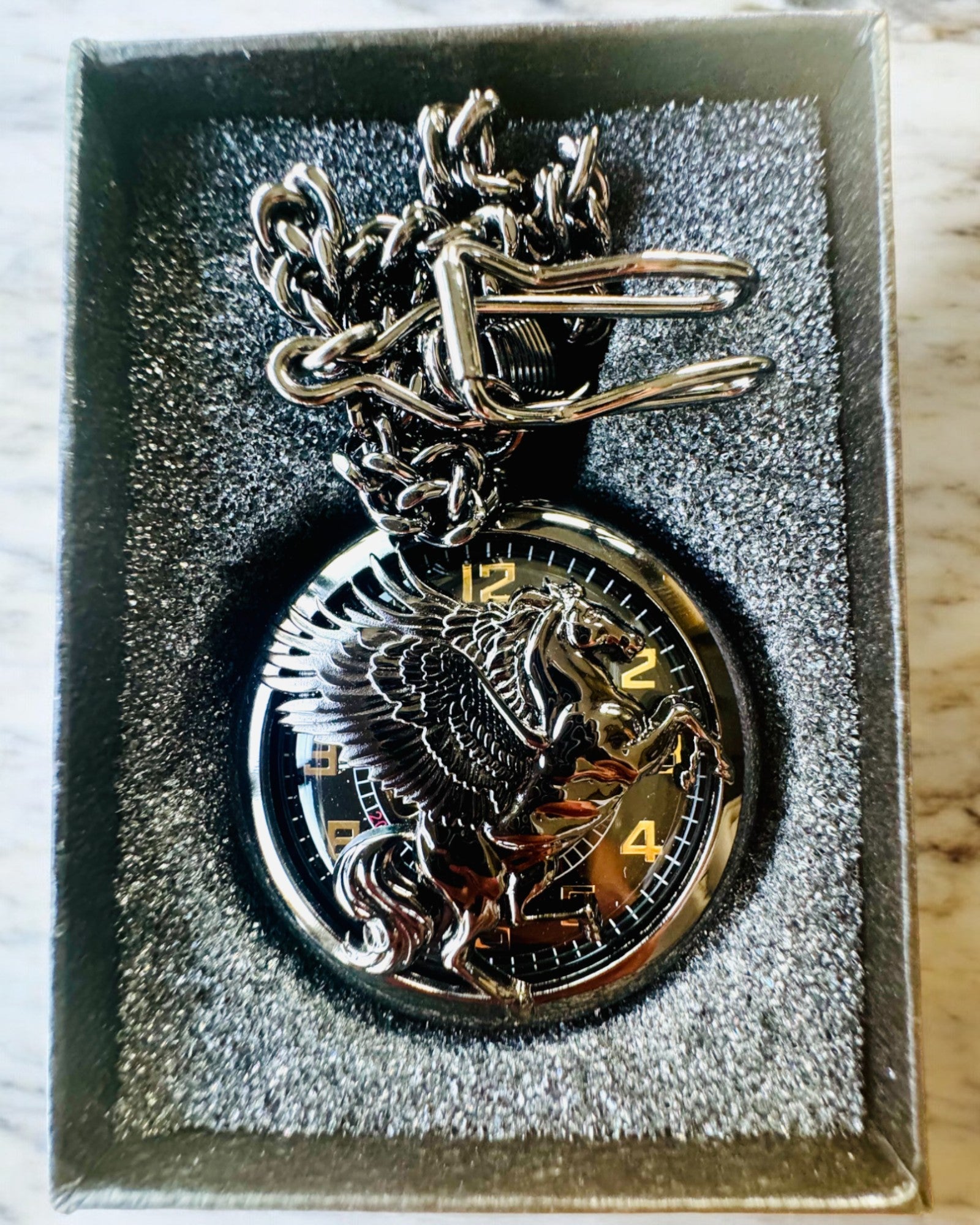 Pocket Watch "Equus Tempus" - Black with Horse Motif, customizable with engraving - black dial