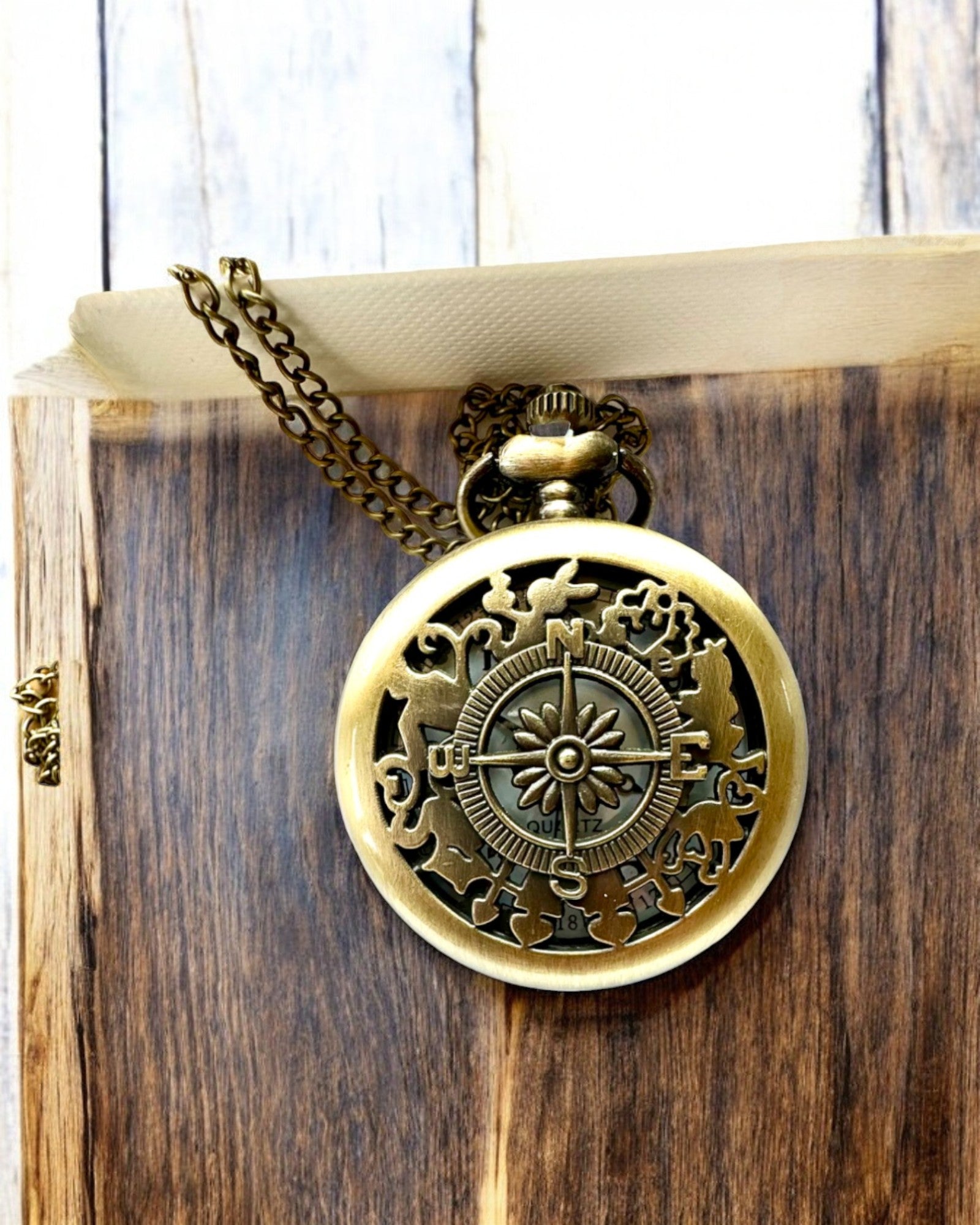 Antique Pocket Watch with Compass Motif and Chain, Quartz, personalization with engraving