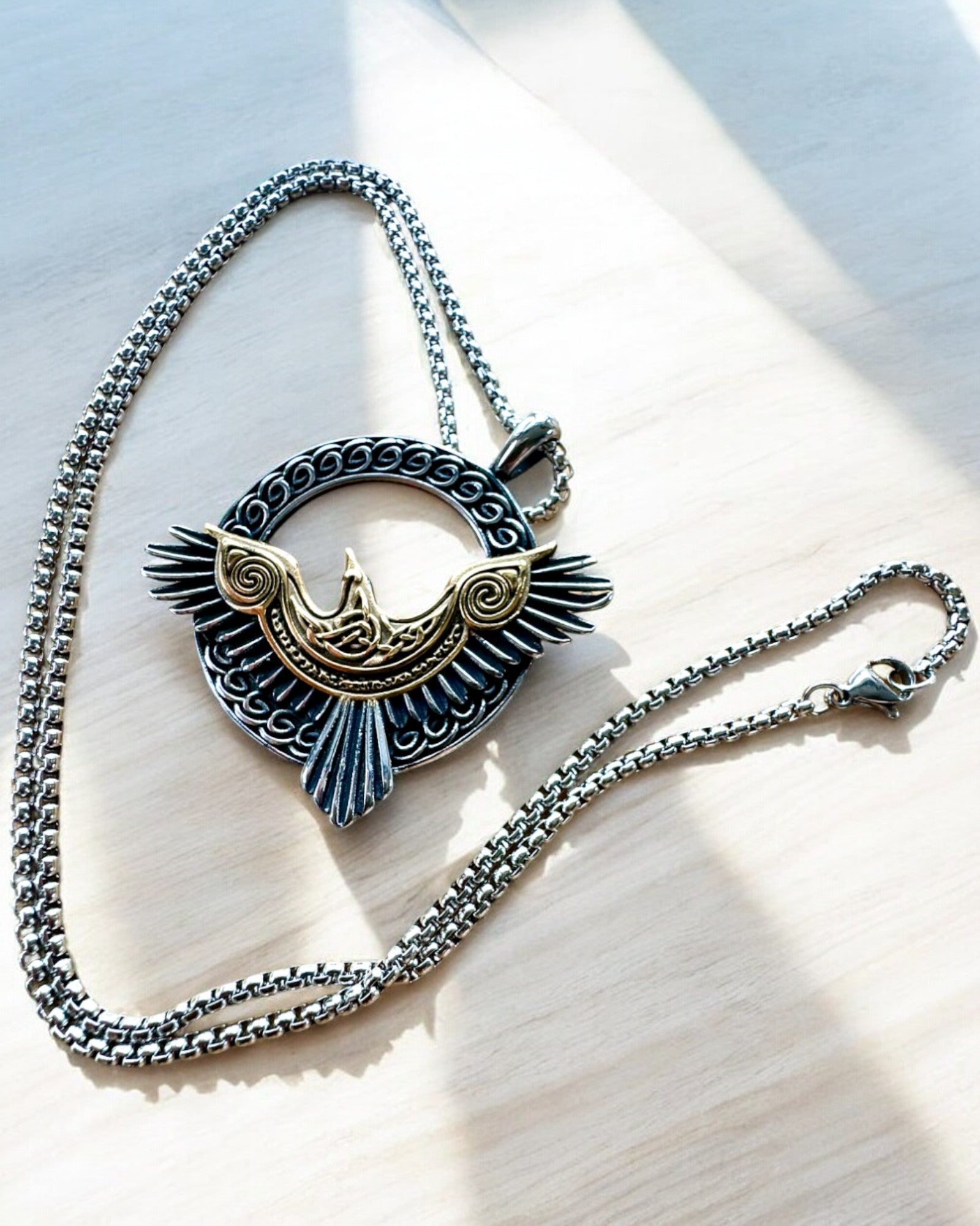 Amulet of the Steel Falcon - Necklace with engraving, inspired by Celtic art, as a gift
