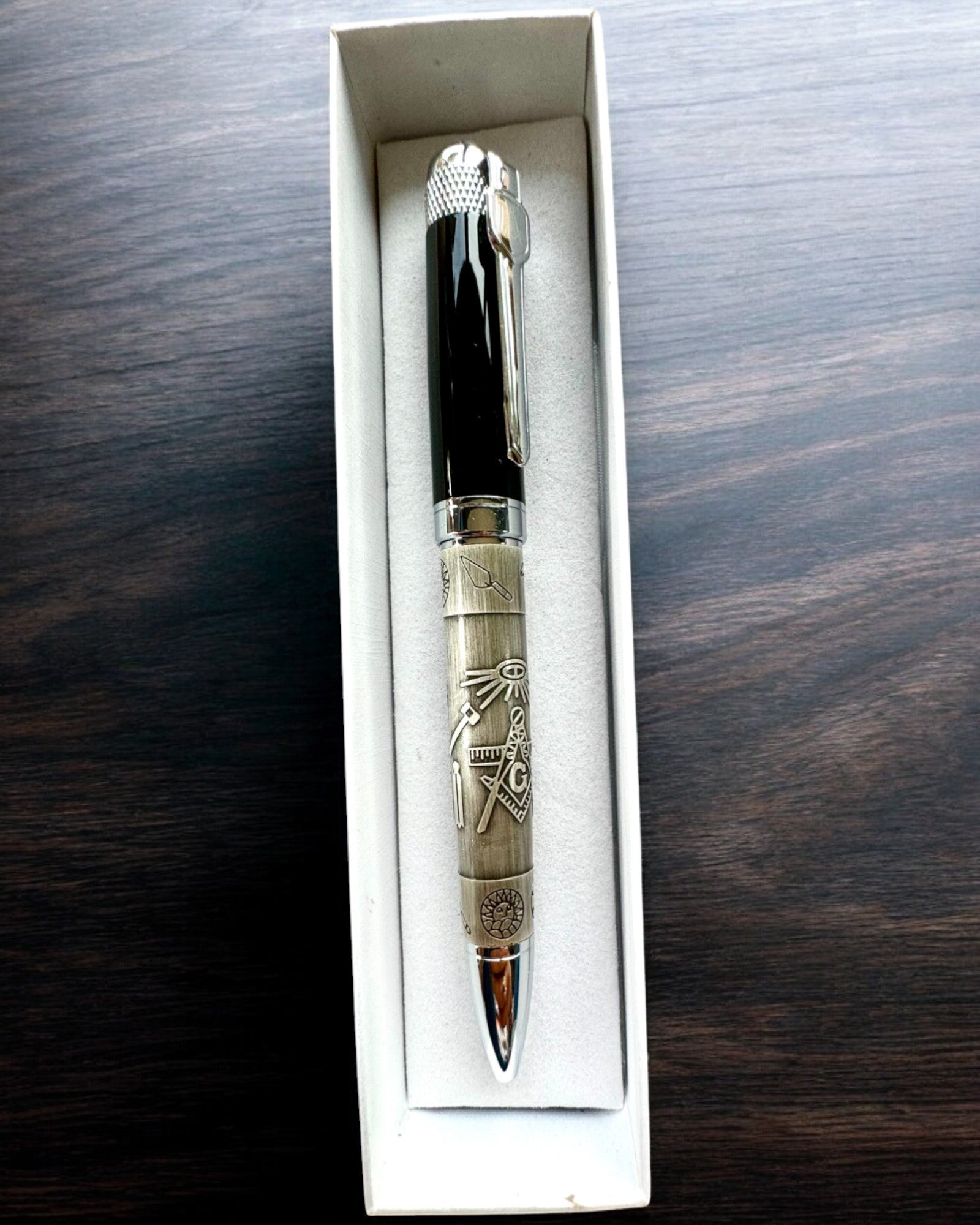 Elegant Pen "Masterful Harmony" with Engraving Option - Symbolic Motifs, Ancient Silver, personalization with engraving available as a gift