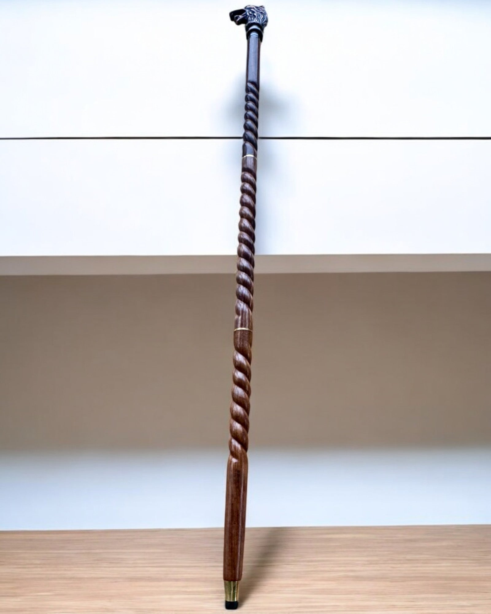 Wolf Guardian Hand-Carved Walking Cane, Wooden, customizable with engraving