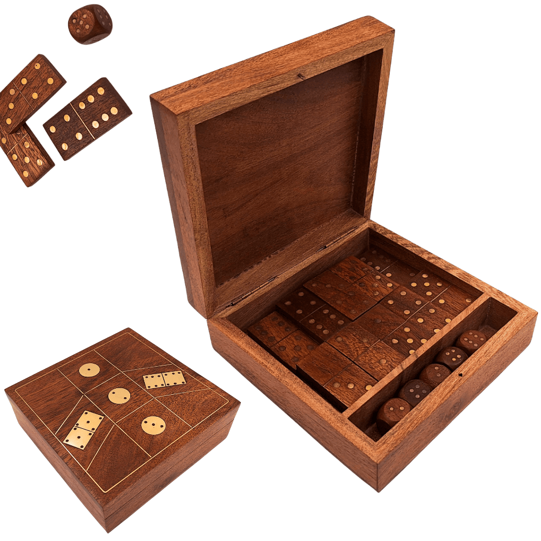 Game Set - Dominoes and Dice in a Wooden Box - DO-002
