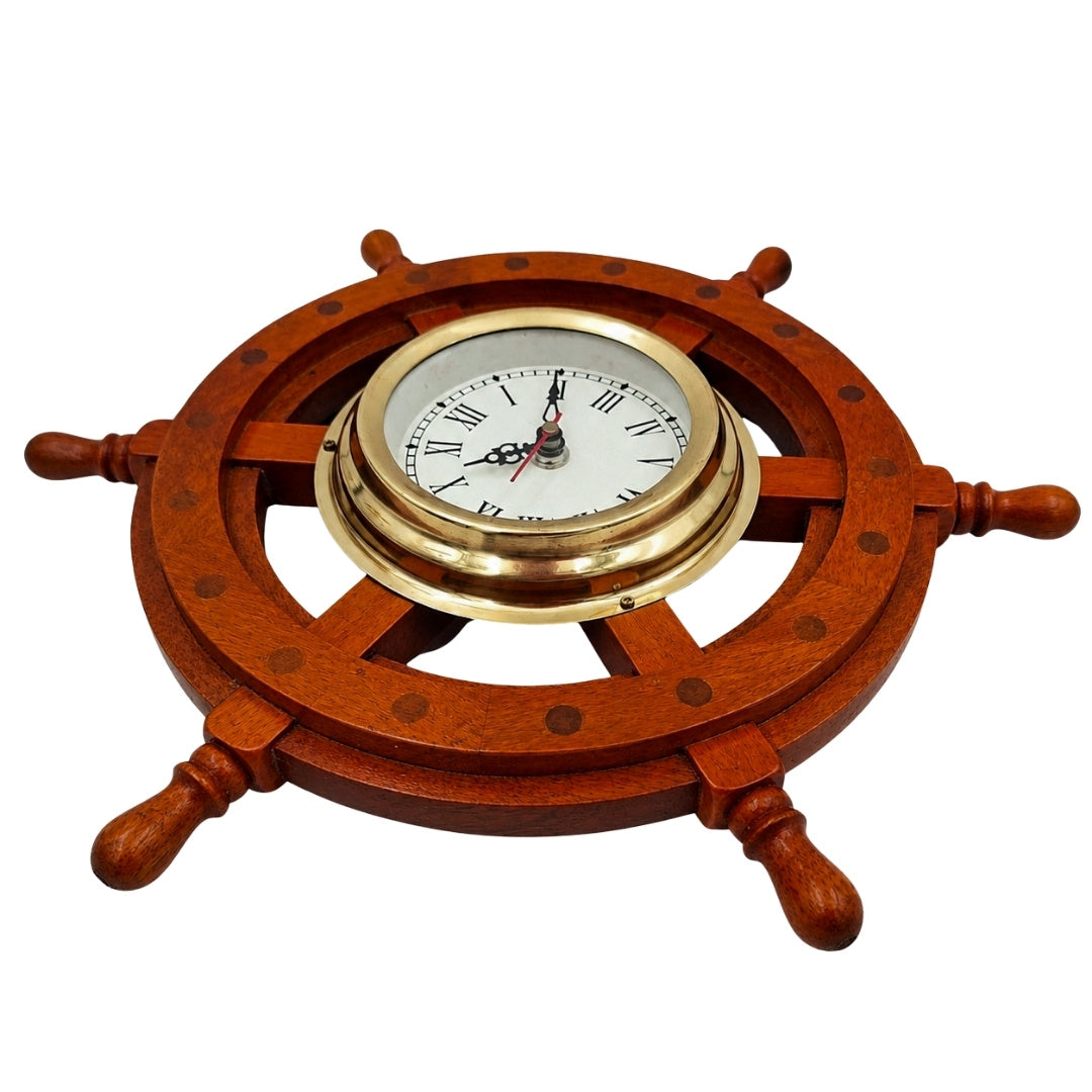 Nautical Clock in a Wooden Ship's Wheel with Brass