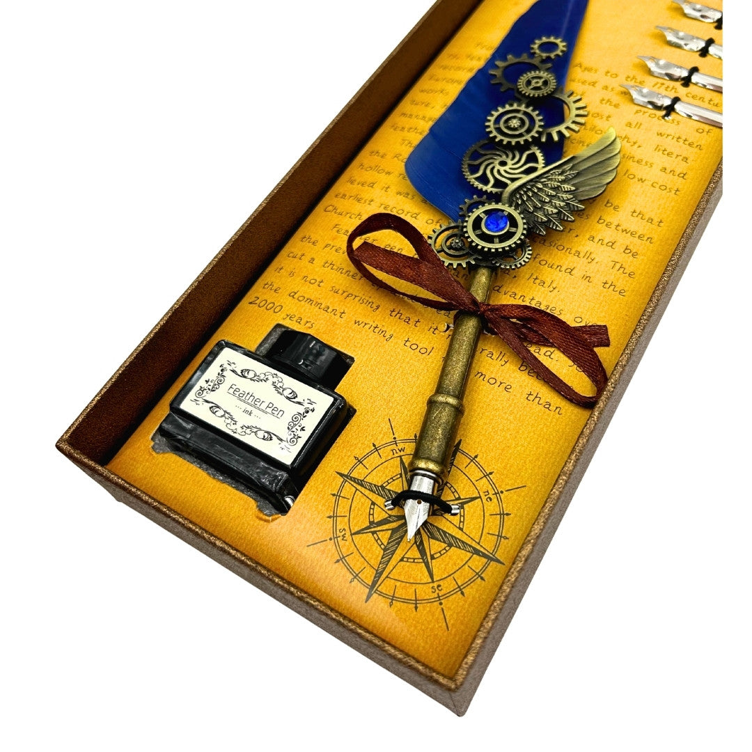 Retro Calligraphy Set with Blue Goose Quill Vintage 6 Nibs Ink Gift – EE11