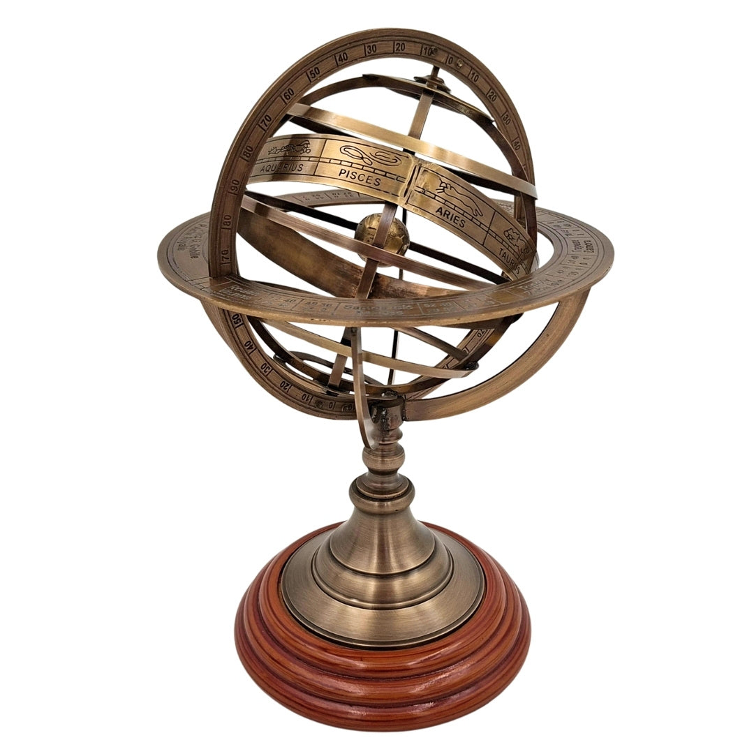 Spherical Brass Astrolabe on a 28 cm Wooden Base with Personalization and Engraving Option