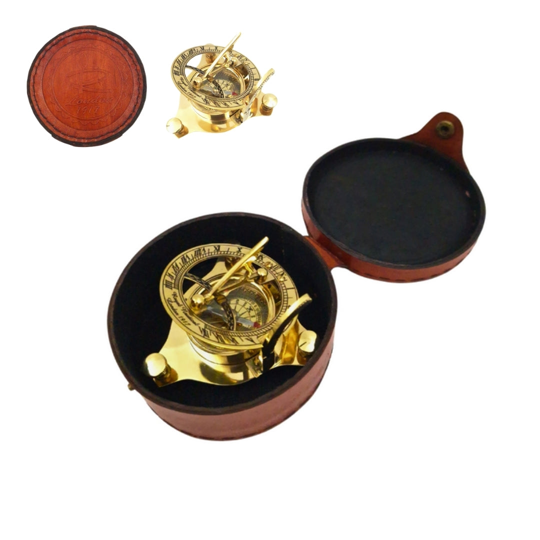 Brass Compass and Sundial in a Leather Case - SUN023F