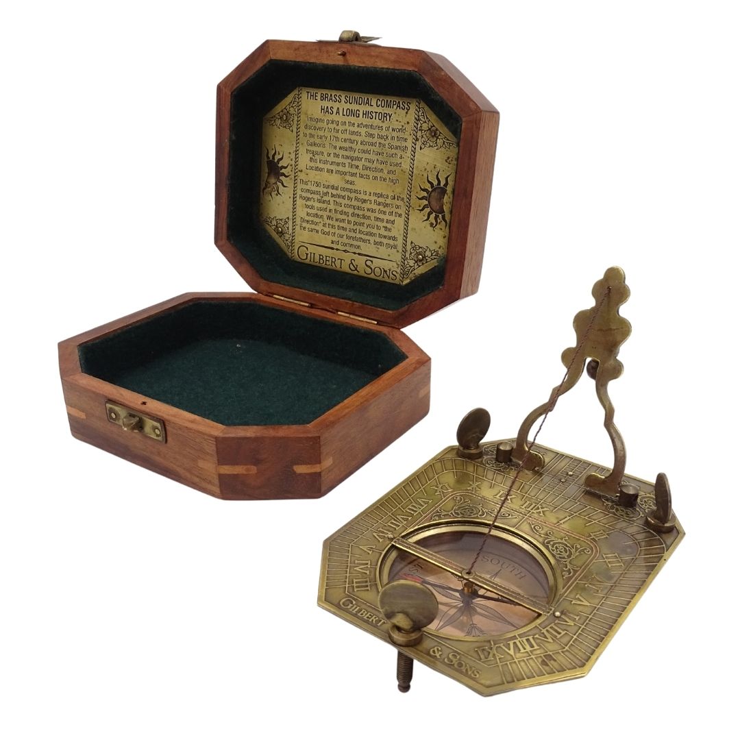 Sundial with Compass in a Wooden Box – Retro Gift for a Traveler – SUN-0106