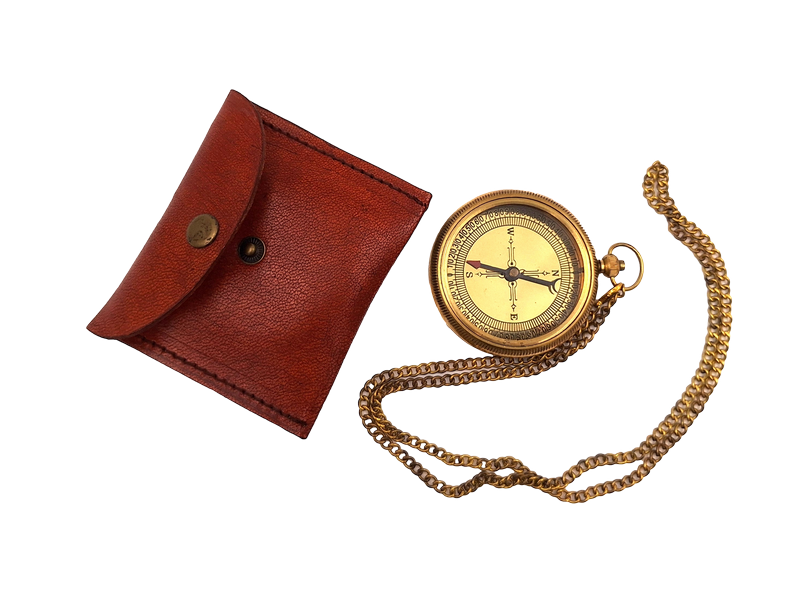 Brass compass on a chain in a leather case - CN215/2.5