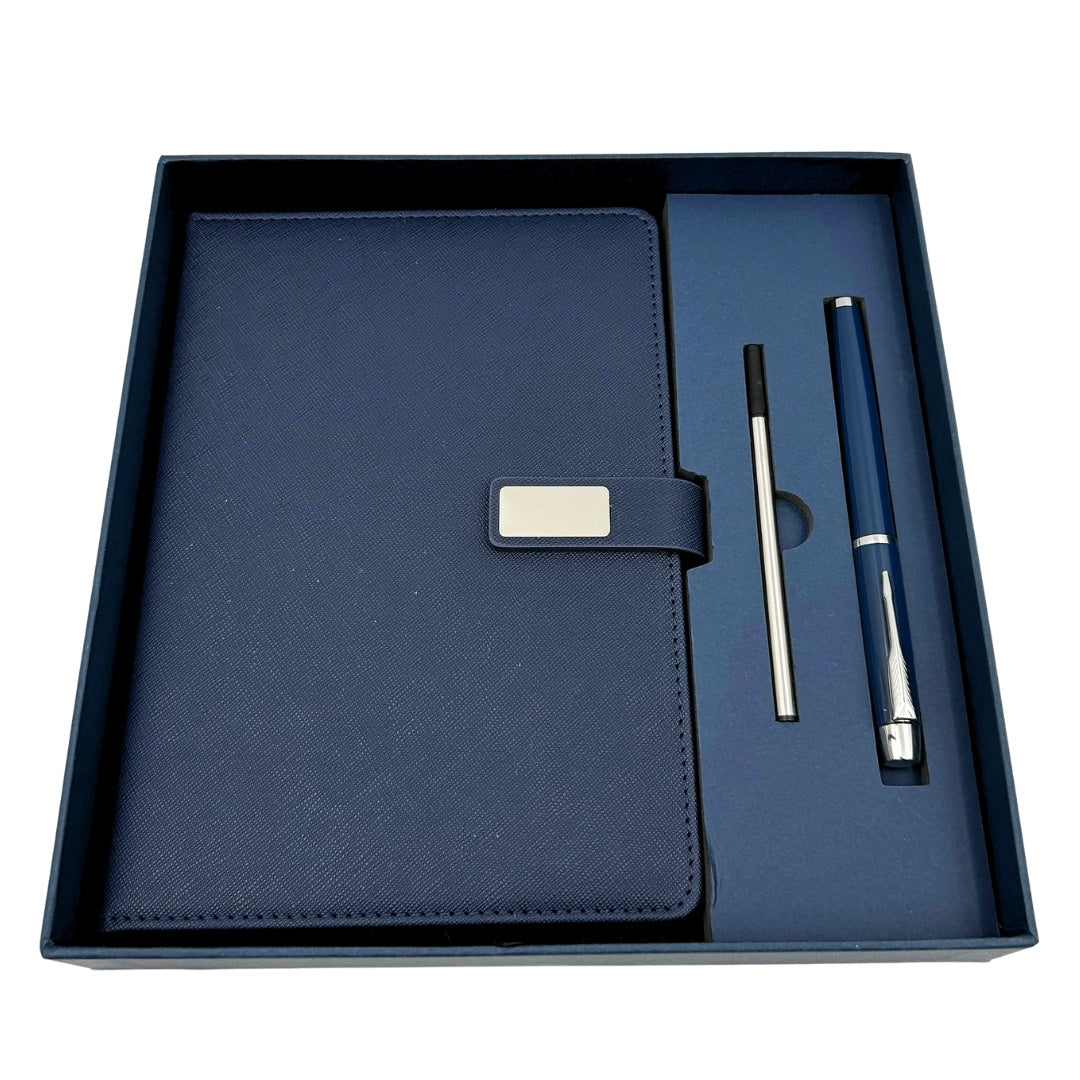 Elegant Gift Set Navy Blue Leather A5 Notebook with Pen in a Gift Box - EE13
