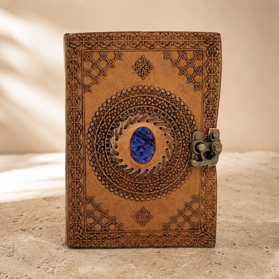 Retro Leather Notebook with Stone - Buffalo Leather - AH16