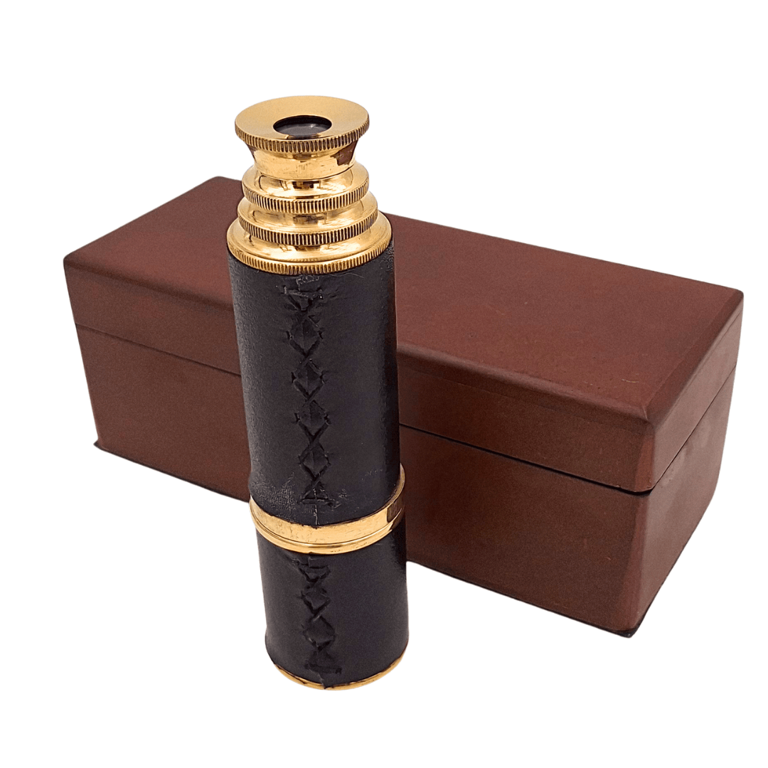 Brass and Leather Spyglass in a Wooden Box – HT01