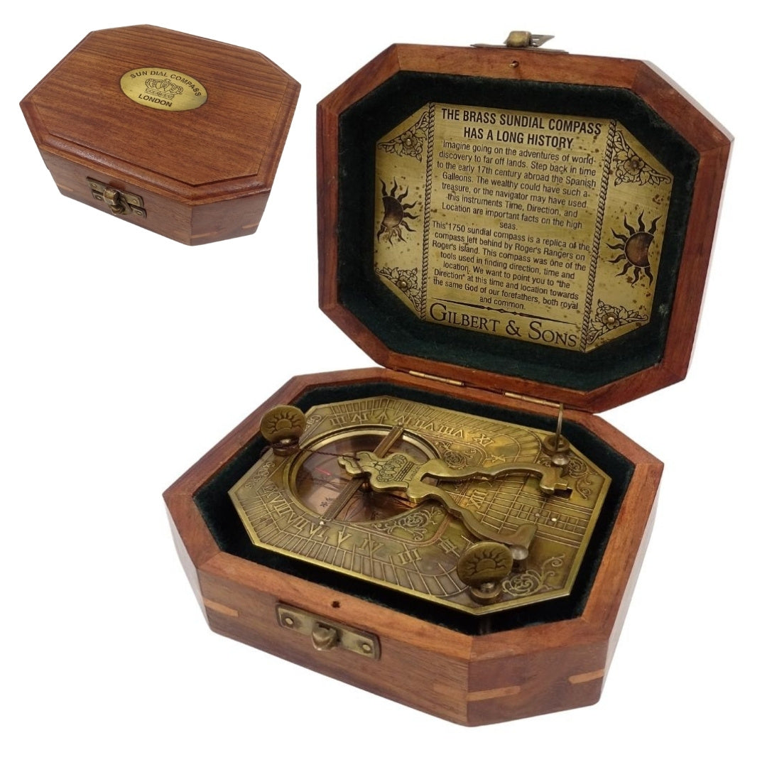 Sundial with Compass in a Wooden Box – Retro Gift for a Traveler – SUN-0106