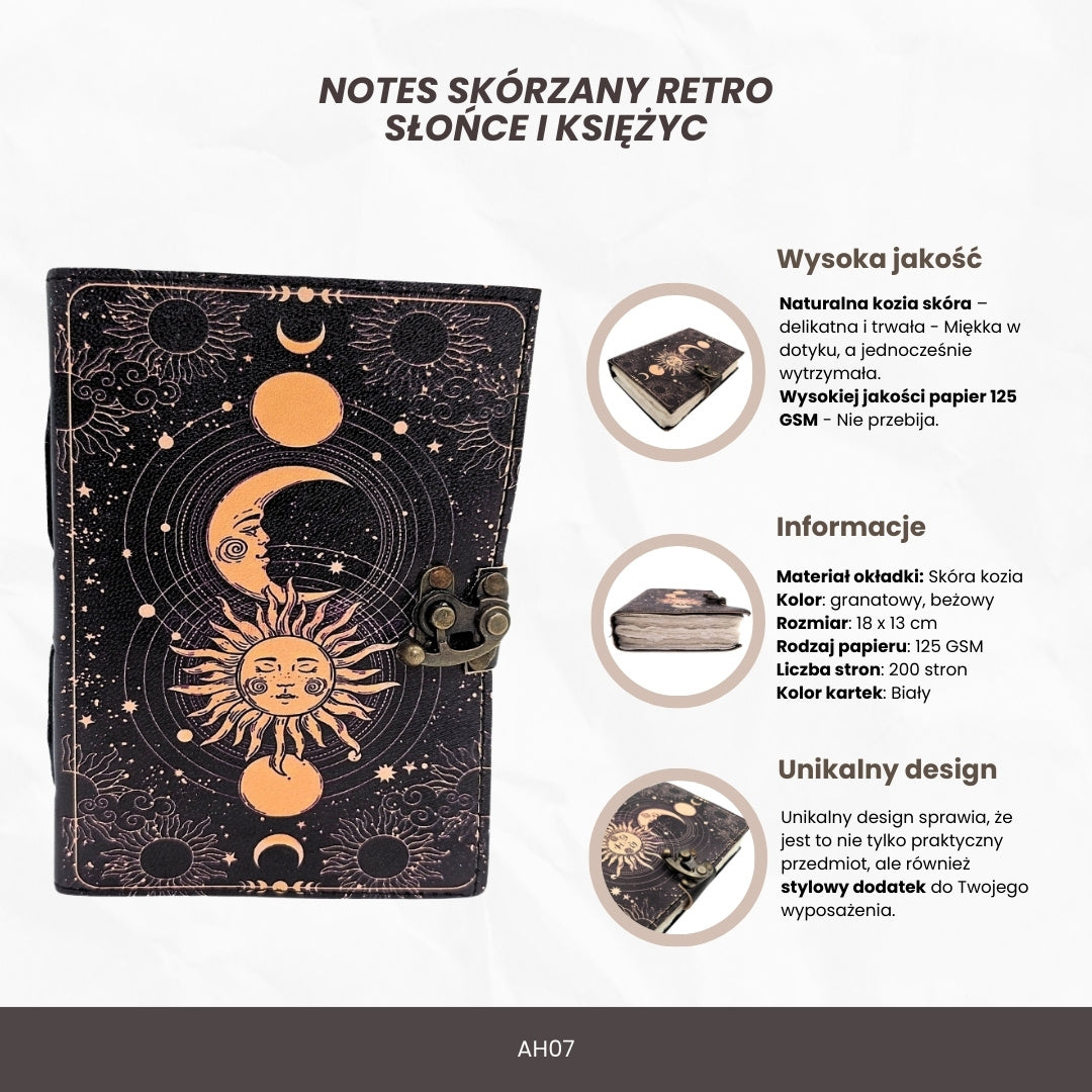 Decorative Leather Notebook Sun and Moon 200 Pages - AH07