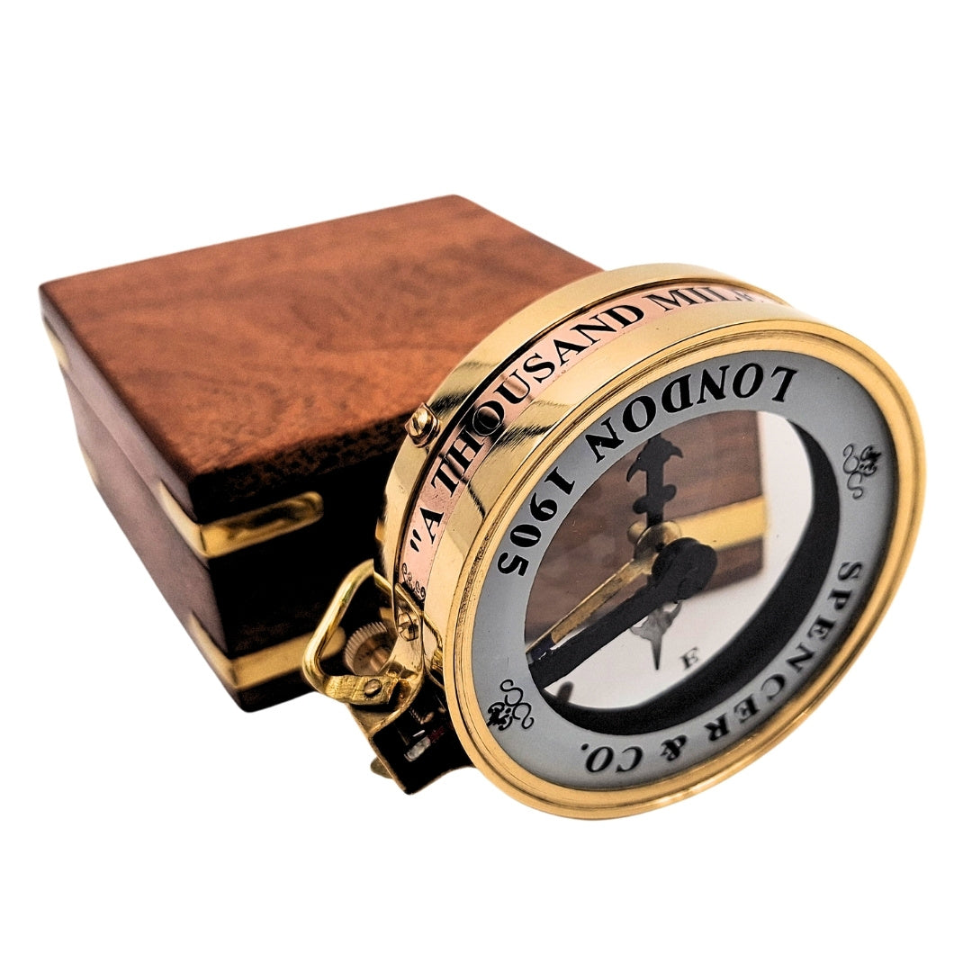 Brass Map Reader Compass in a Retro Wooden Box - NC1087